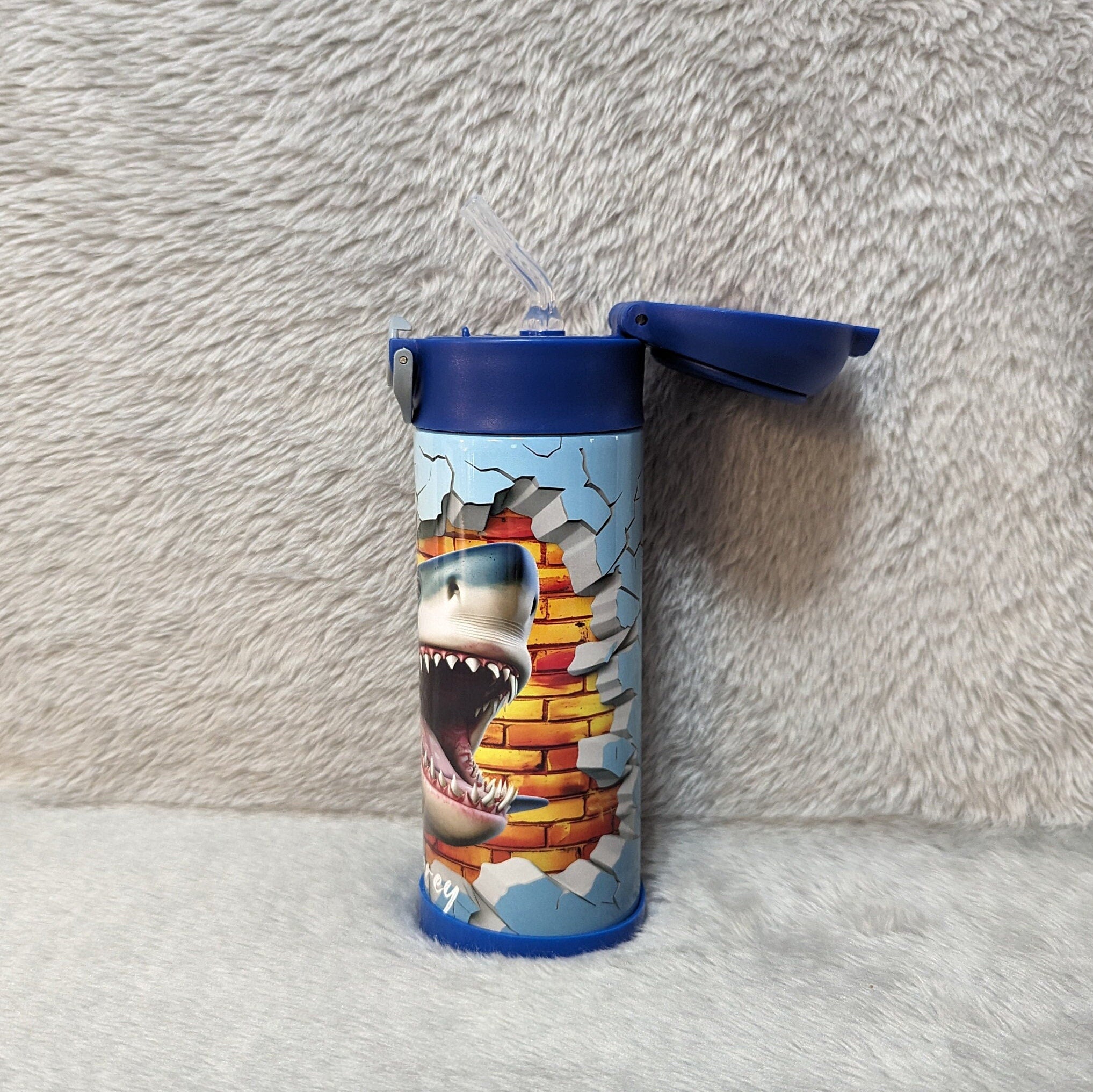 Kids Shark Water Bottle 12oz With Reusable Straw Can Be Personalized