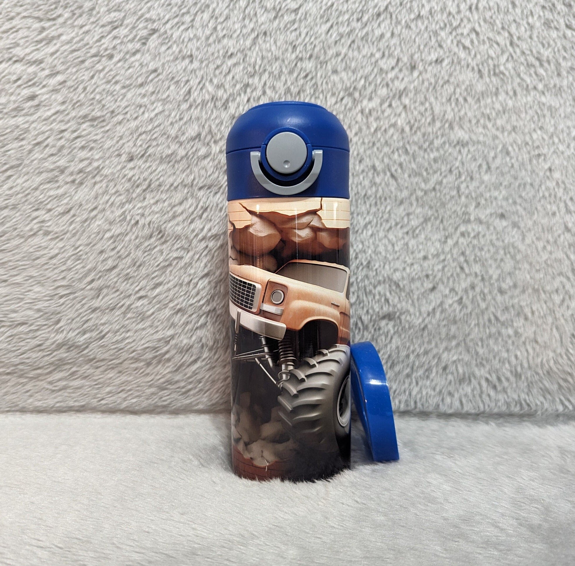 Kids Monster Truck Water Bottle 12oz With Reusable Straw Can Be Personalized