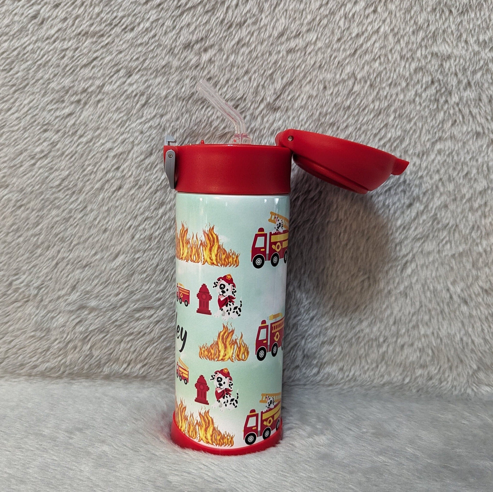 Kids Firetruck Water Bottle 12oz With Reusable Straw Can Be Personalized