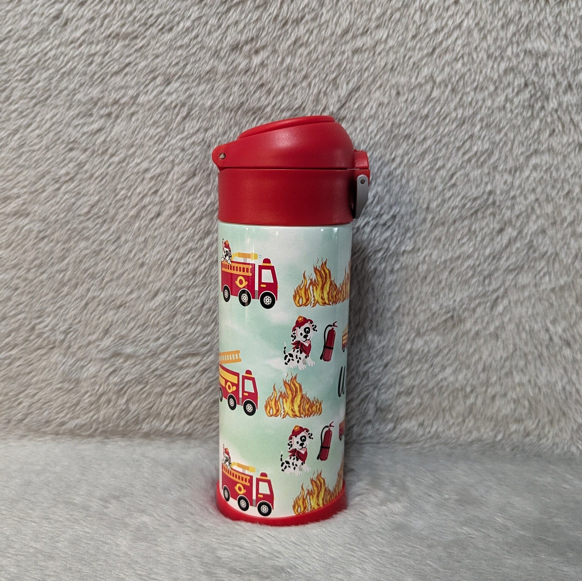 Kids Firetruck Water Bottle 12oz With Reusable Straw Can Be Personalized
