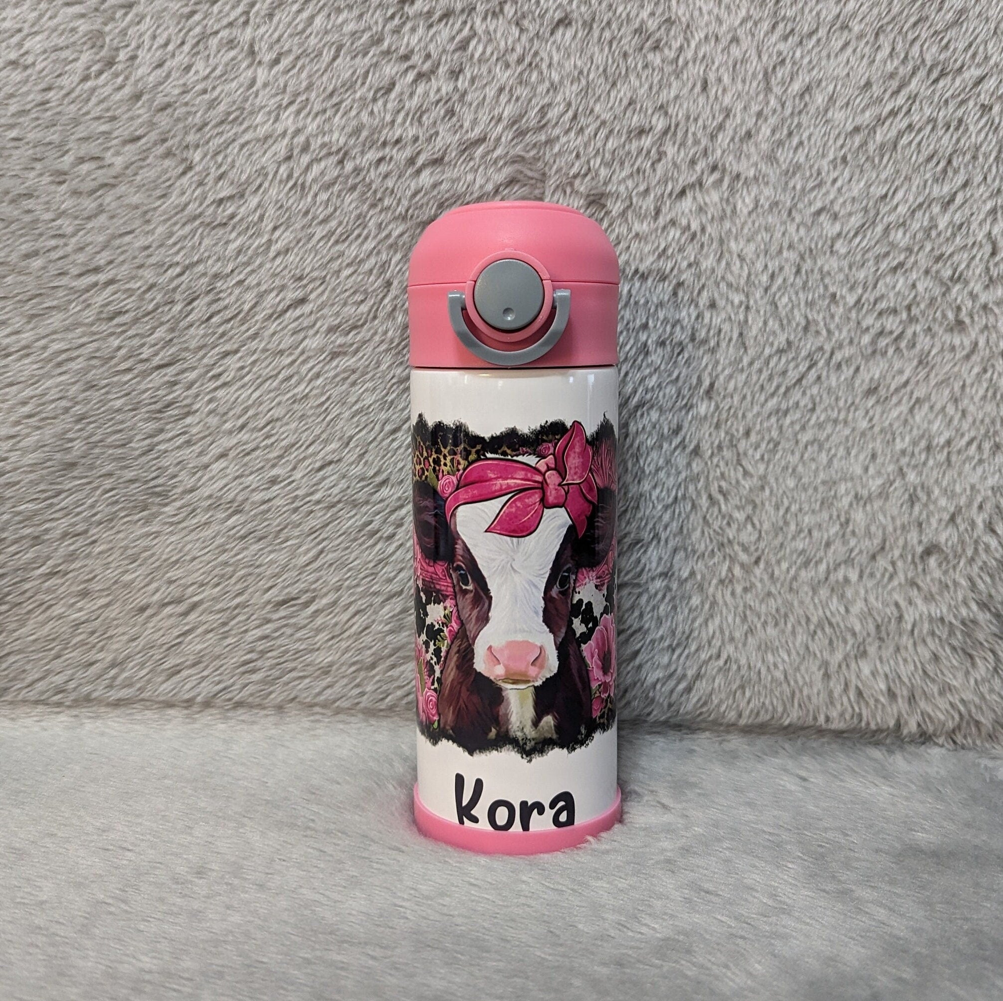 Kids Cow Water Bottle 12oz With Reusable Straw Can Be Personalized