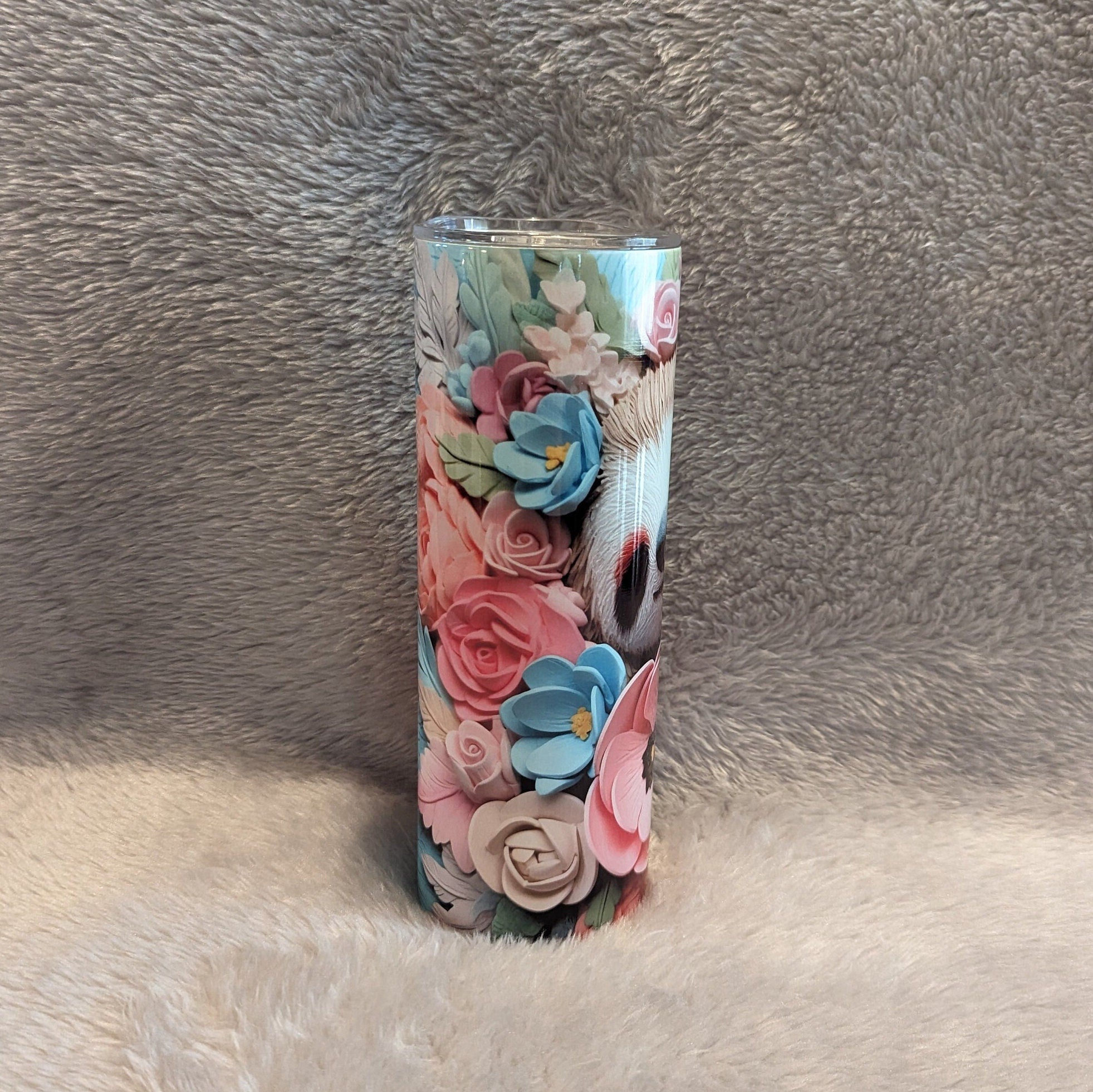 Adorable 3D Design Sloth Tumbler with Pastel Flowers 20oz With Reusable Straw, Can Be Personalized