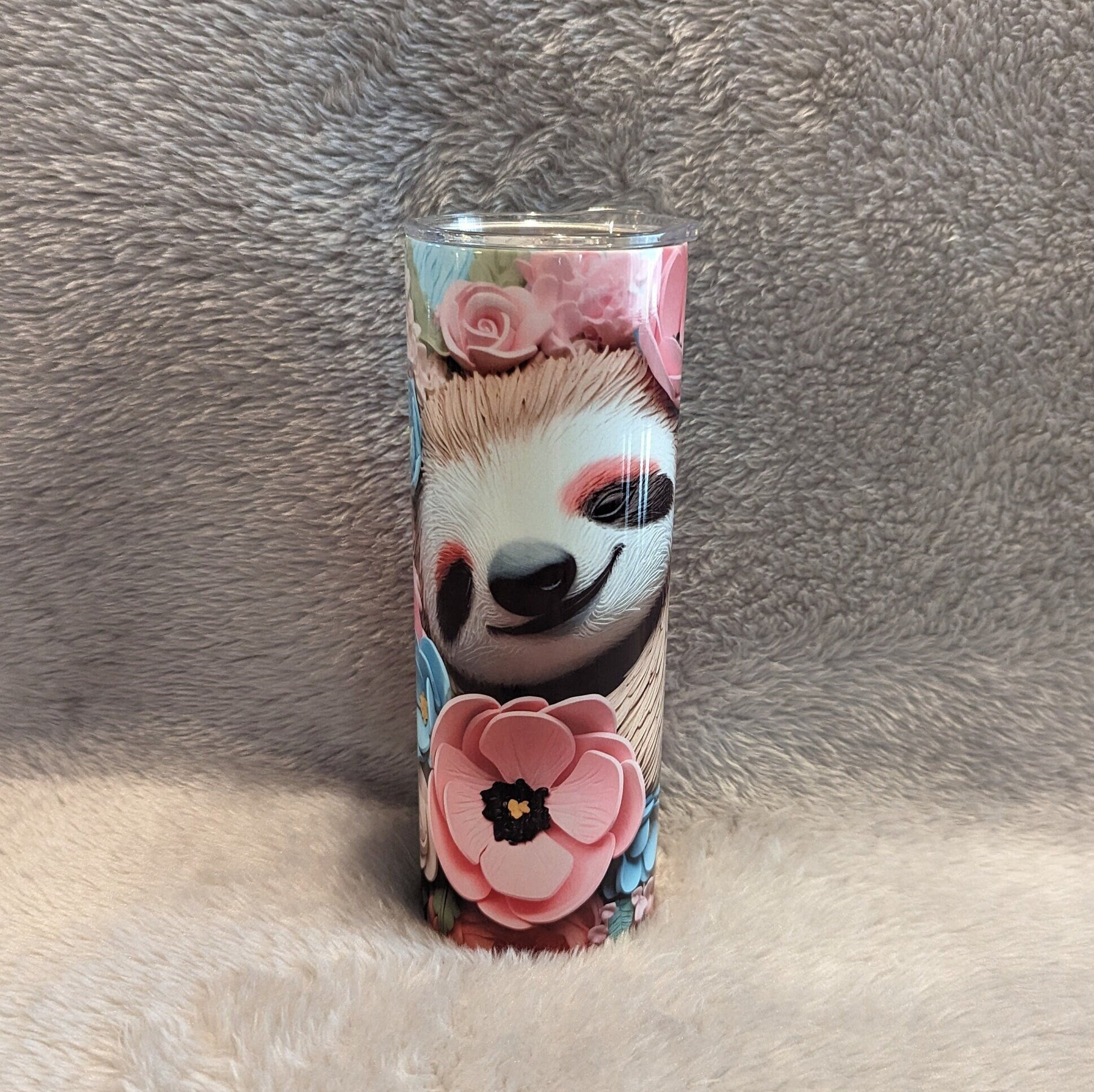 Adorable 3D Design Sloth Tumbler with Pastel Flowers 20oz With Reusable Straw, Can Be Personalized