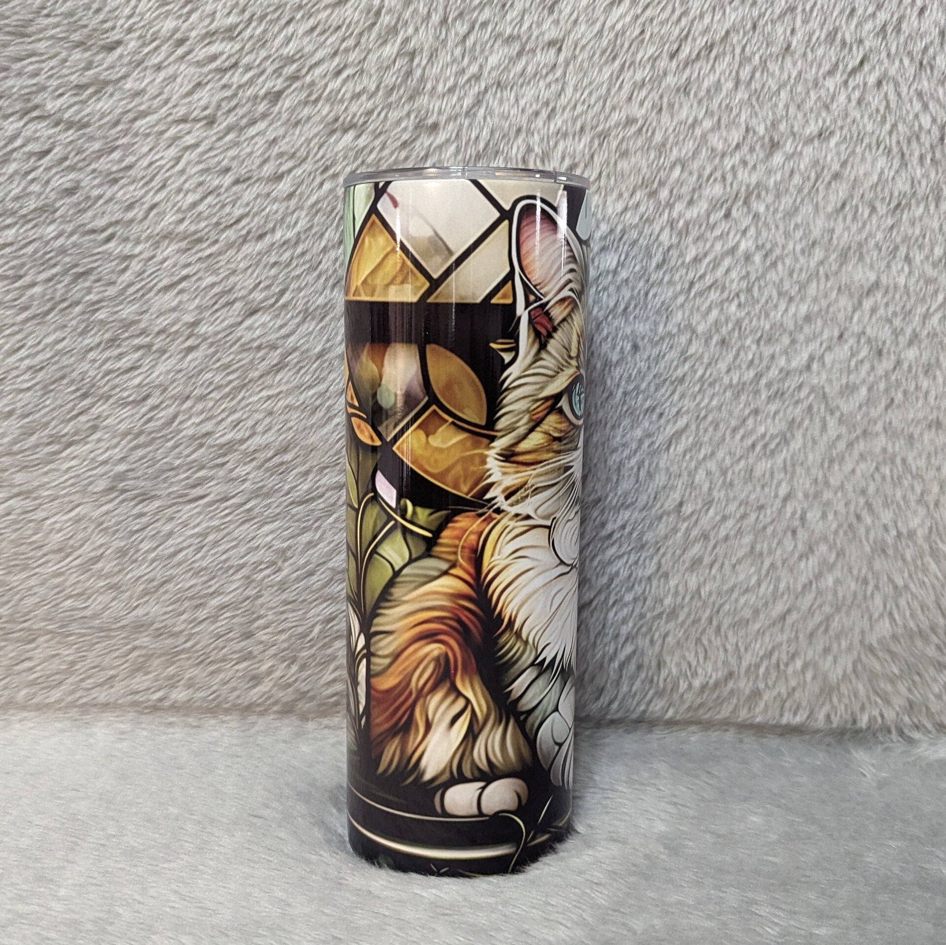 Cat/Kitten Tumbler with A Stained Glass Design 20oz With Reusable Straw, Can Be Personalized