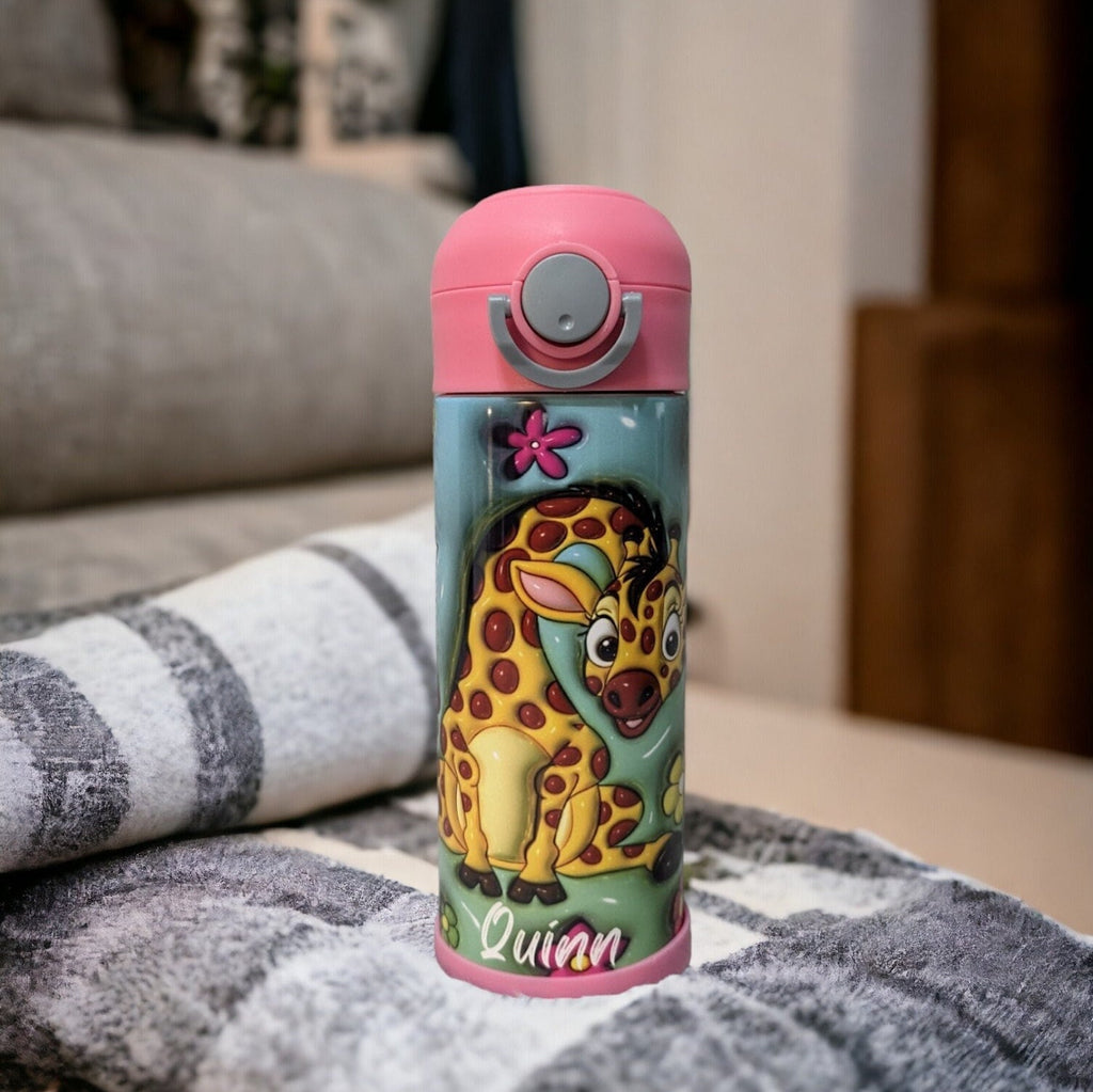 Kids Giraffe Water Bottle 12oz With Reusable Straw Can Be Personalized