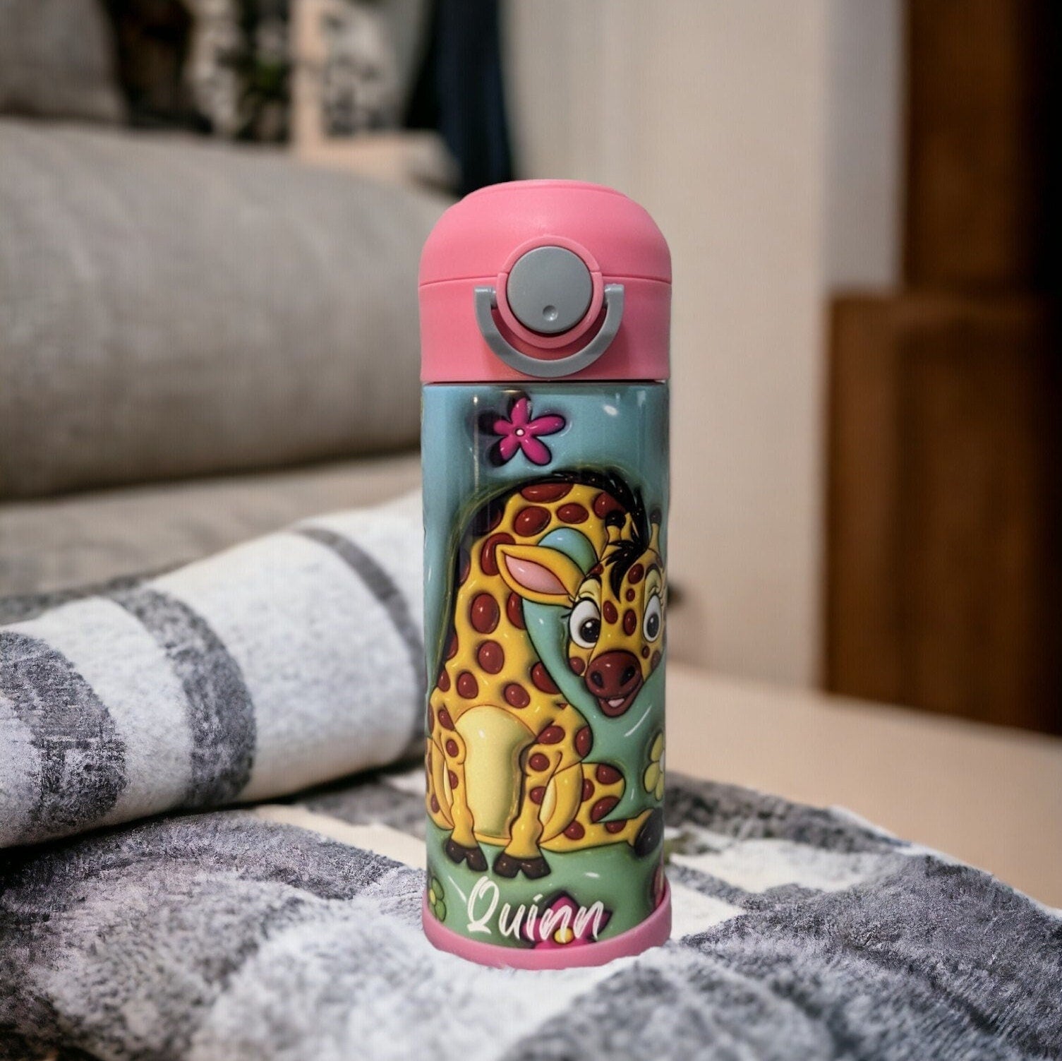 Kids Giraffe Water Bottle 12oz With Reusable Straw Can Be Personalized