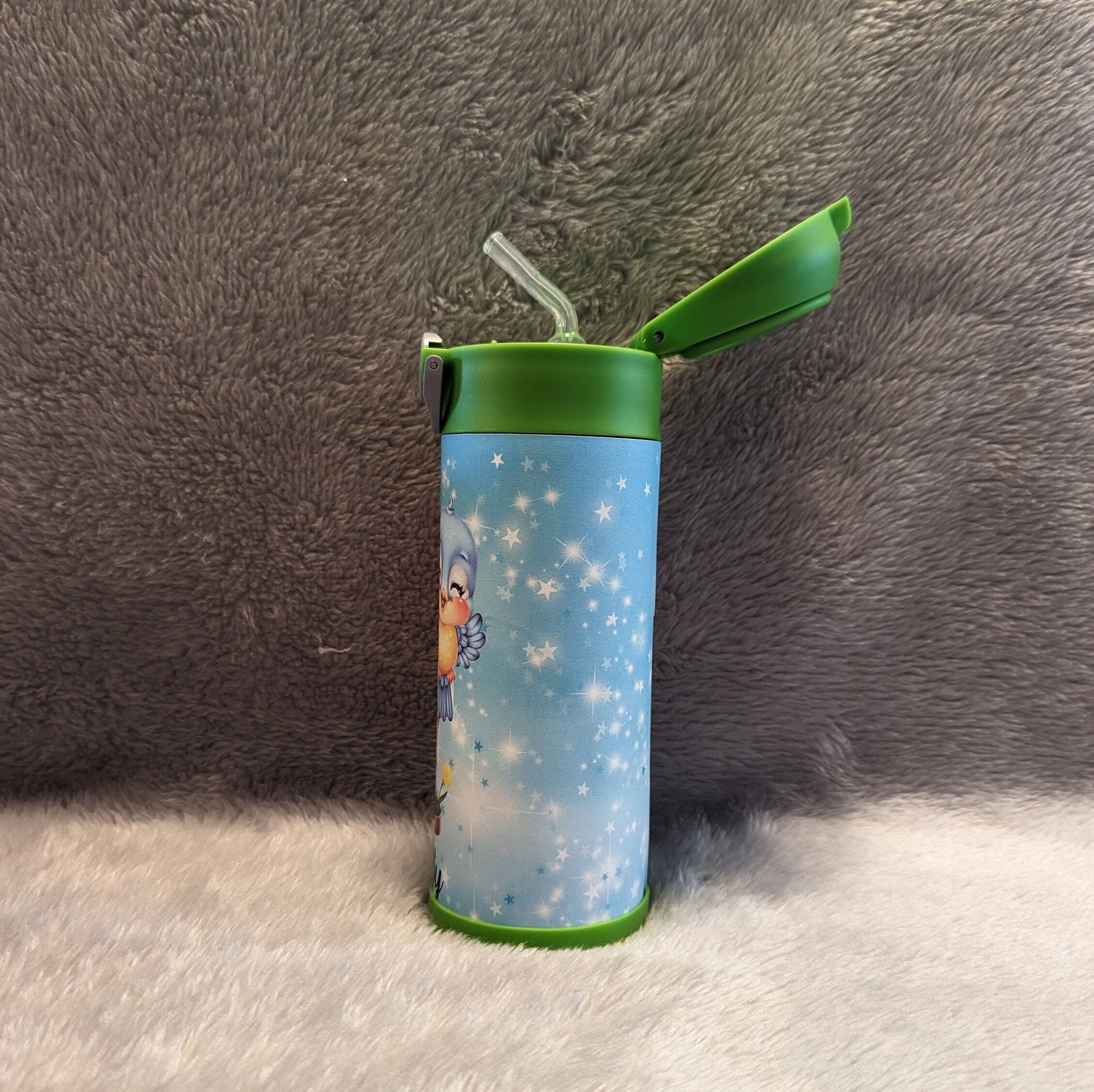 Kids Bird Water Bottle 12oz With Reusable Straw Can Be Personalized