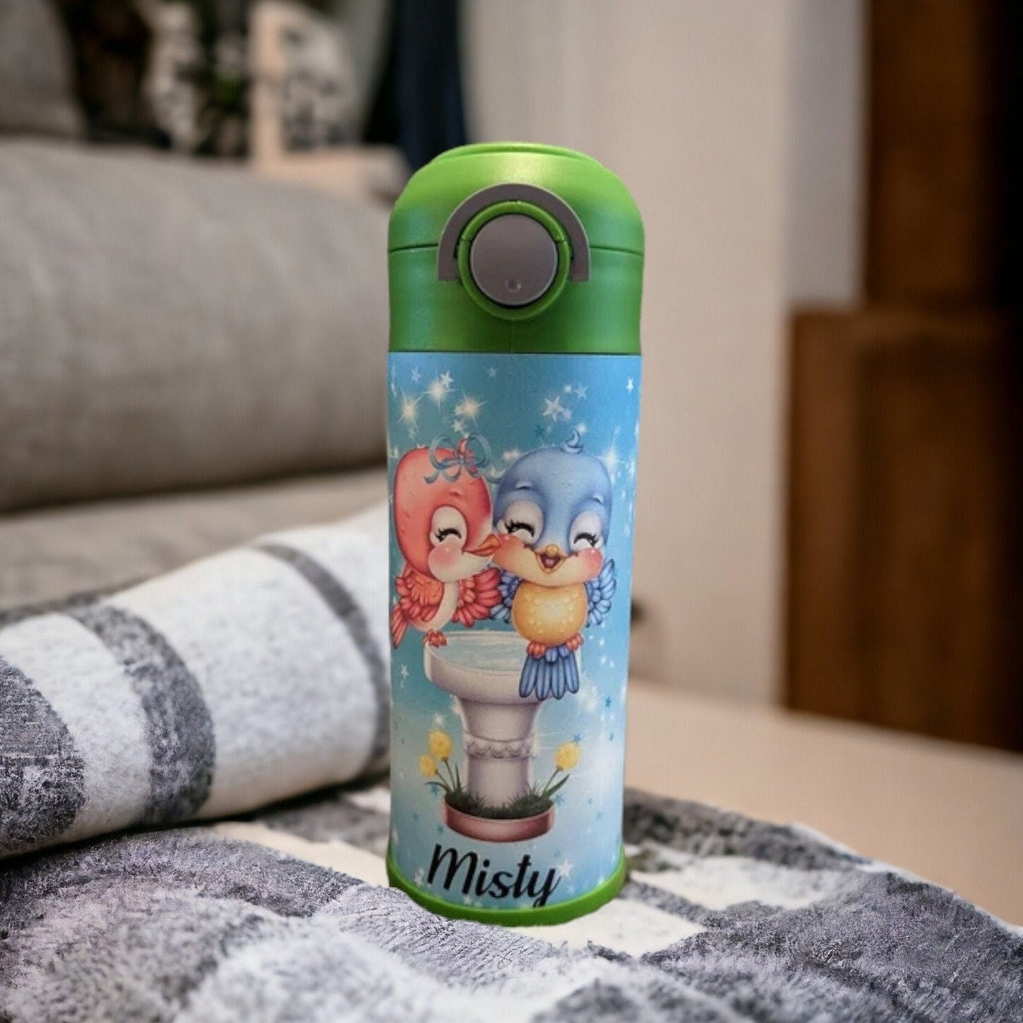 Kids Bird Water Bottle 12oz With Reusable Straw Can Be Personalized