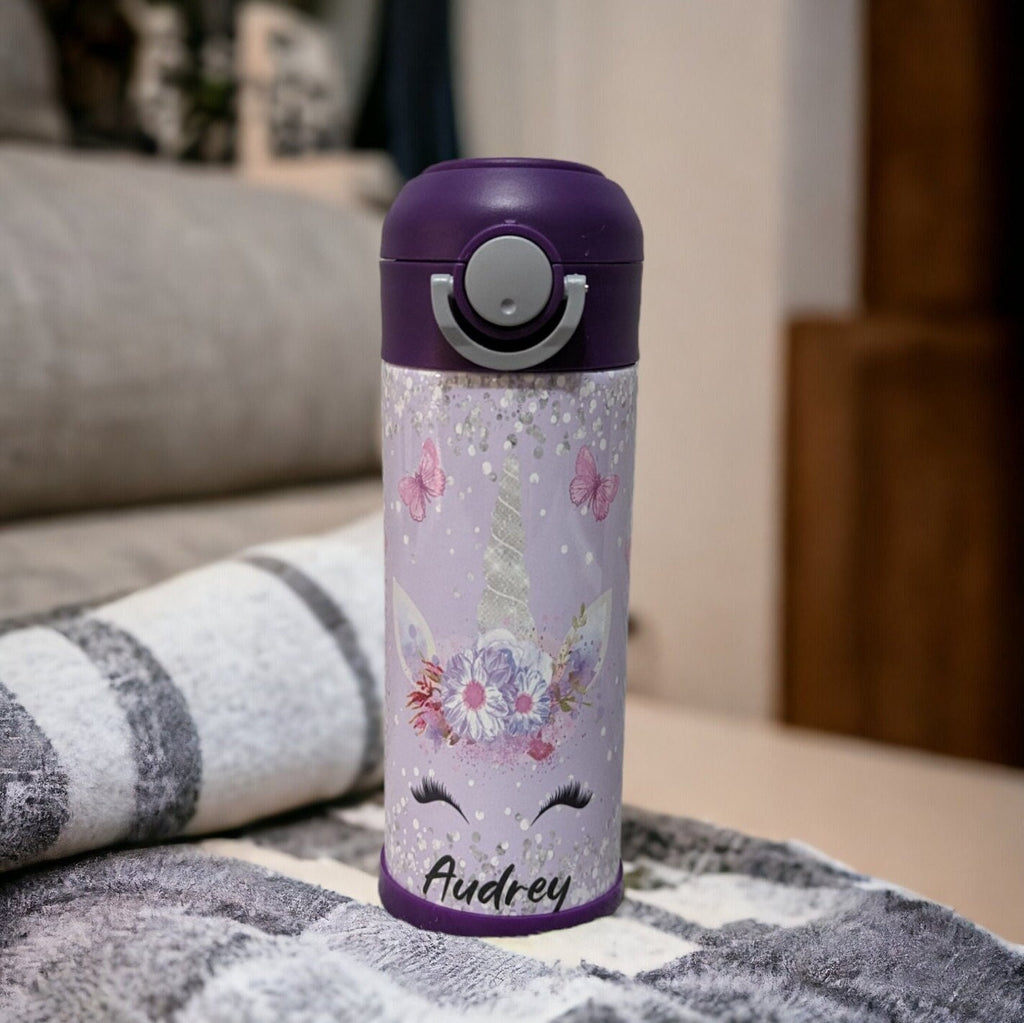 Kids Unicorn Water Bottle 12oz With Reusable Straw Can Be Personalized