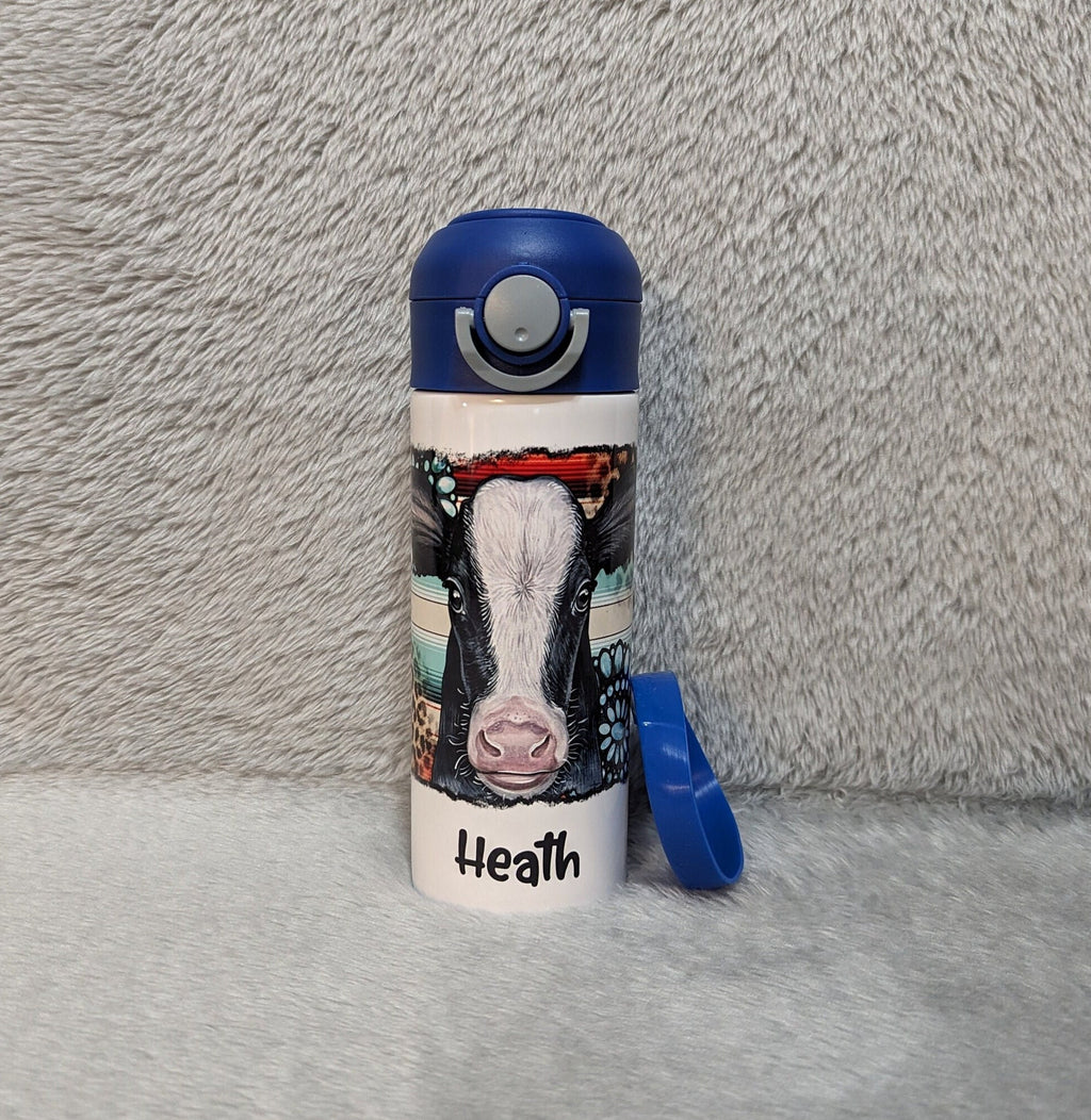 Kids Cow Water Bottle 12oz With Reusable Straw Can Be Personalized