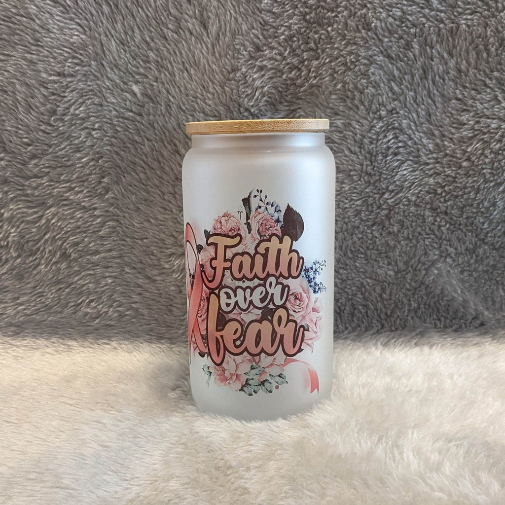 16oz Faith Over Fear Cancer Awareness Glass With Bamboo Lid and Straw