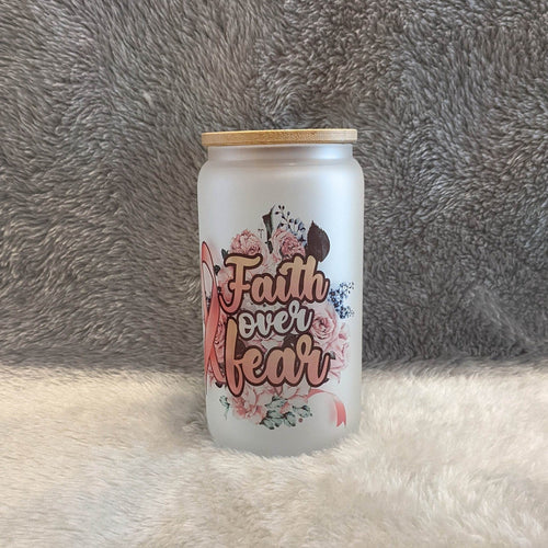 16oz Faith Over Fear Cancer Awareness Glass With Bamboo Lid and Straw