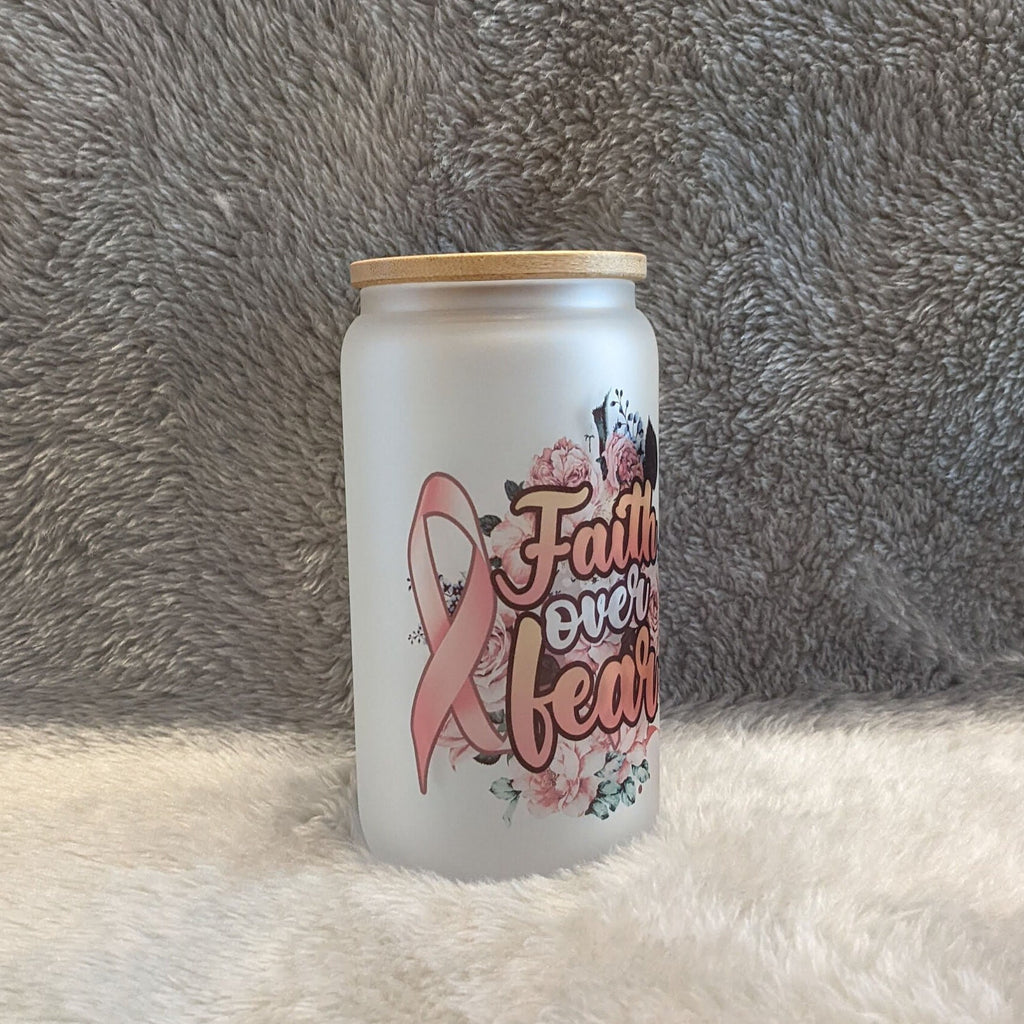 16oz Faith Over Fear Cancer Awareness Glass With Bamboo Lid and Straw
