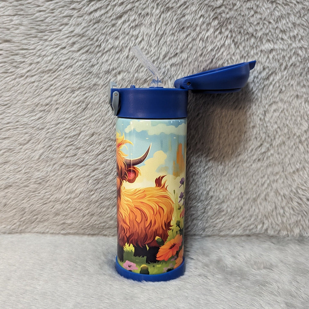 Kids Highland Cow Water Bottle 12oz With Reusable Straw Can Be Personalized