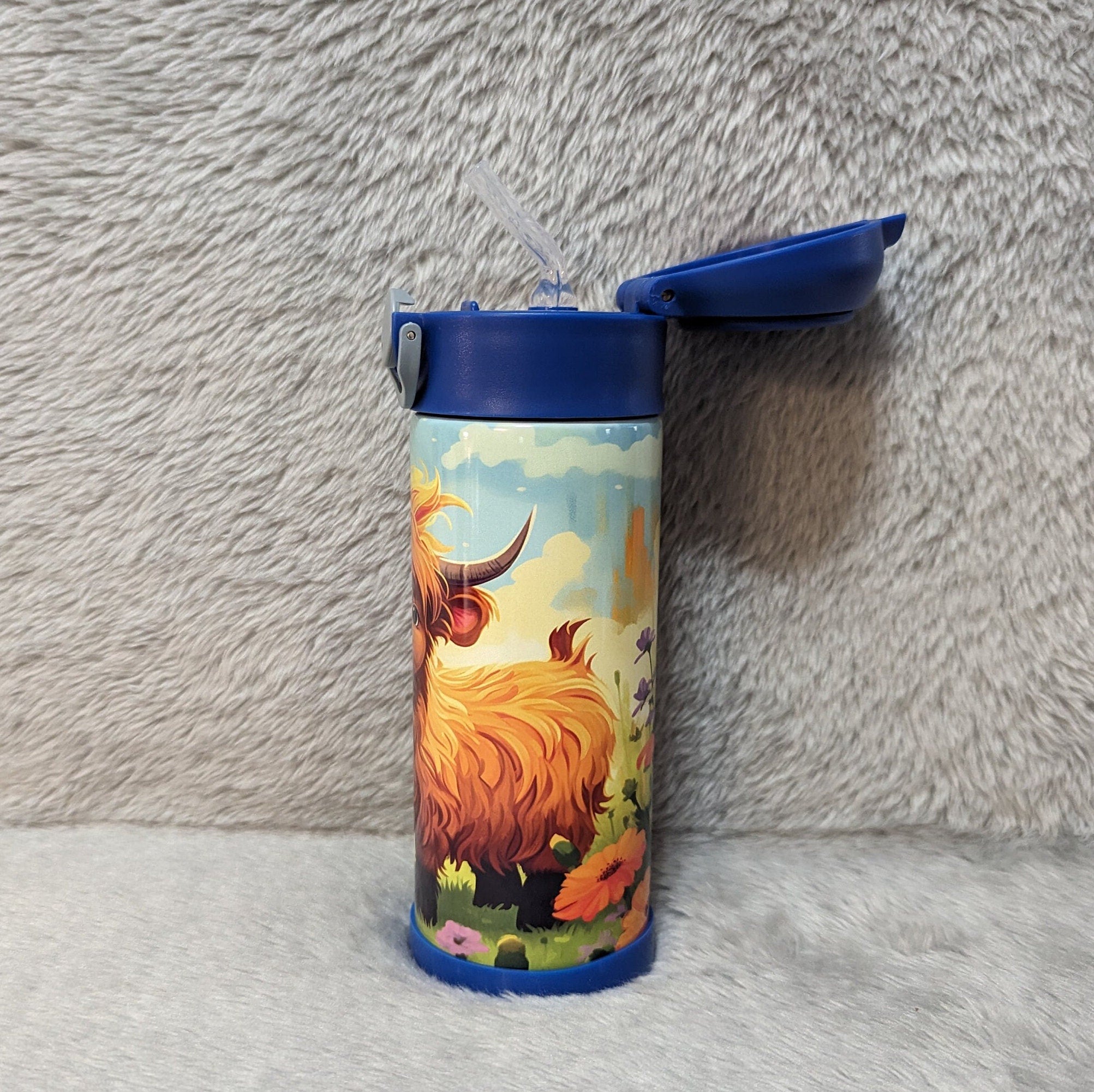 Kids Highland Cow Water Bottle 12oz With Reusable Straw Can Be Personalized