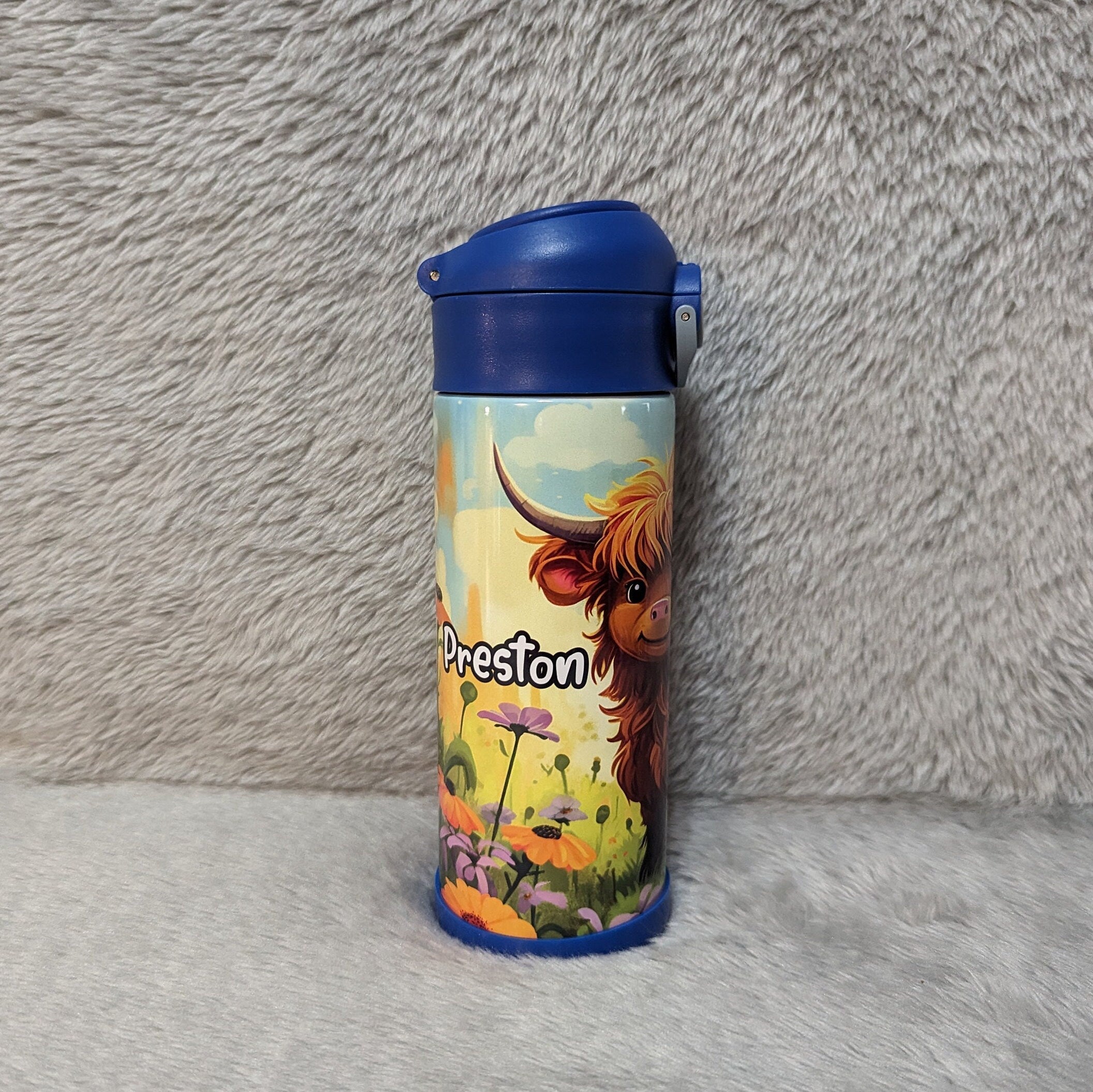 Kids Highland Cow Water Bottle 12oz With Reusable Straw Can Be Personalized