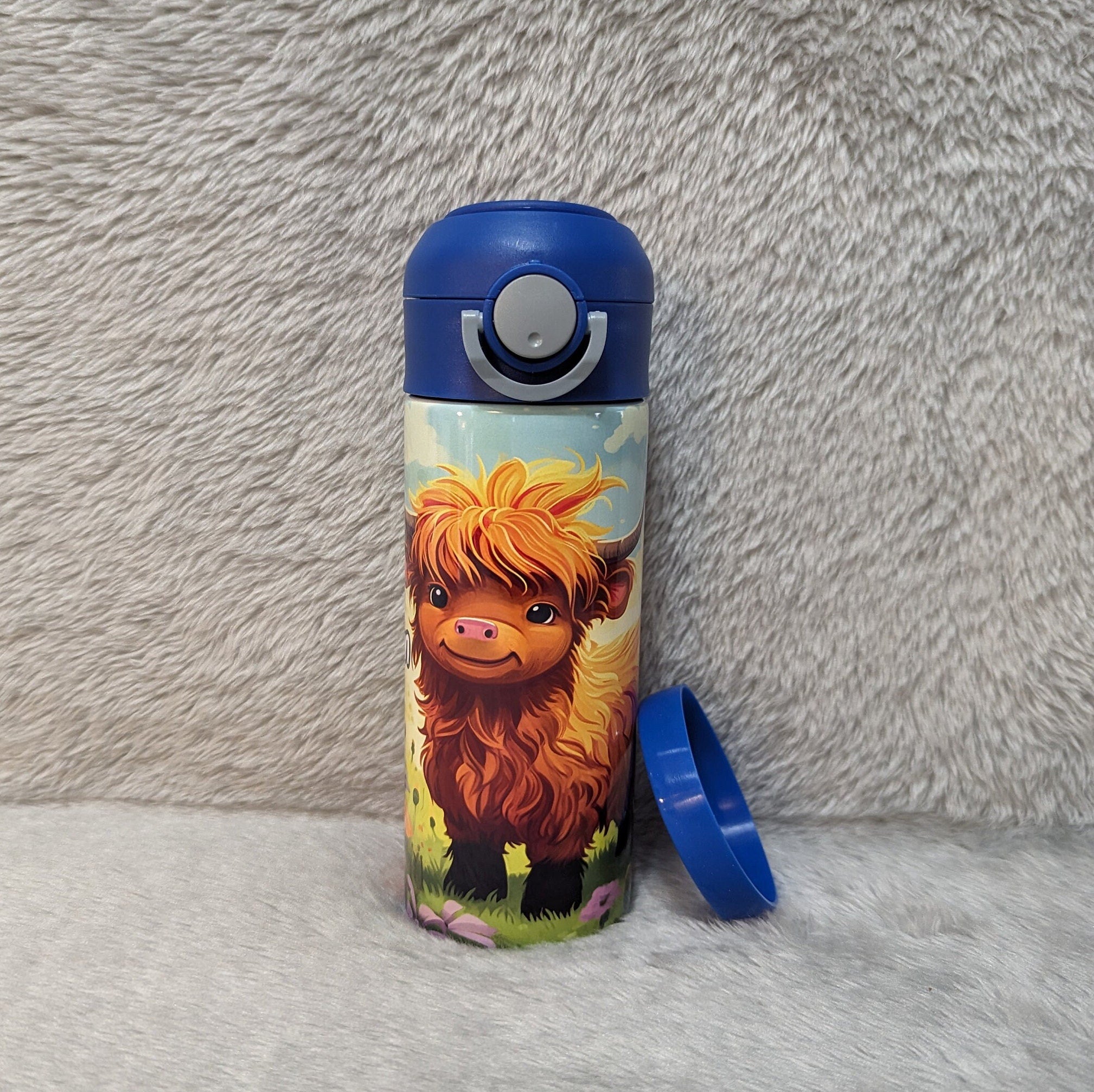 Kids Highland Cow Water Bottle 12oz With Reusable Straw Can Be Personalized