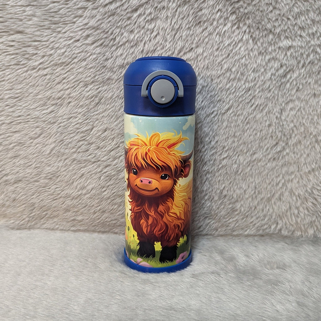 Kids Highland Cow Water Bottle 12oz With Reusable Straw Can Be Personalized