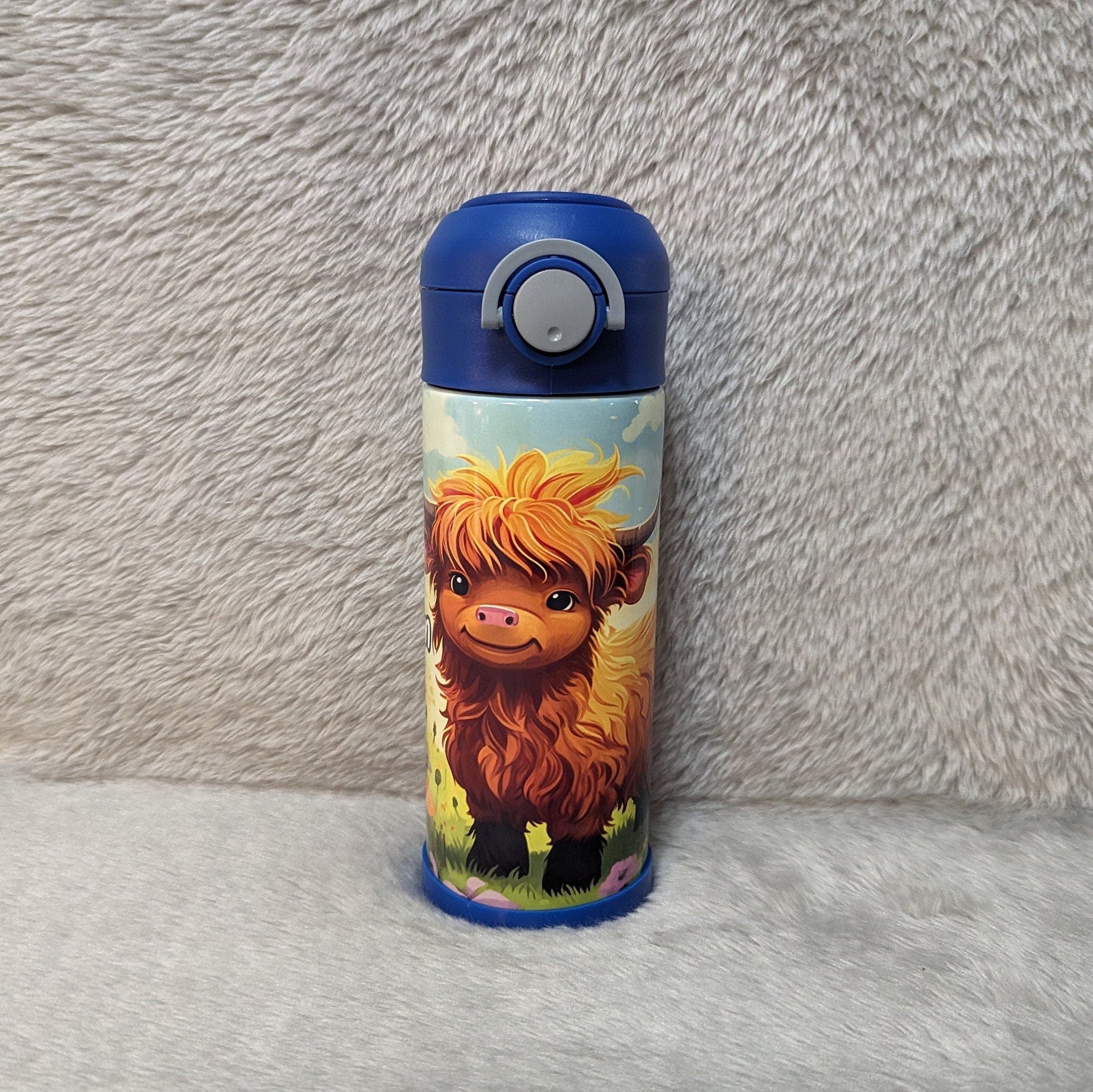 Kids Highland Cow Water Bottle 12oz With Reusable Straw Can Be Personalized