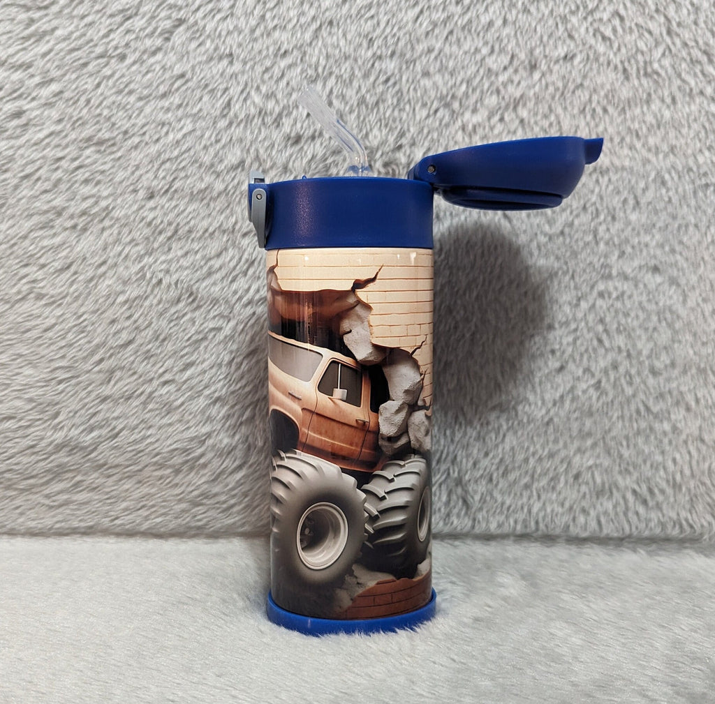 Kids Monster Truck Water Bottle 12oz With Reusable Straw Can Be Personalized
