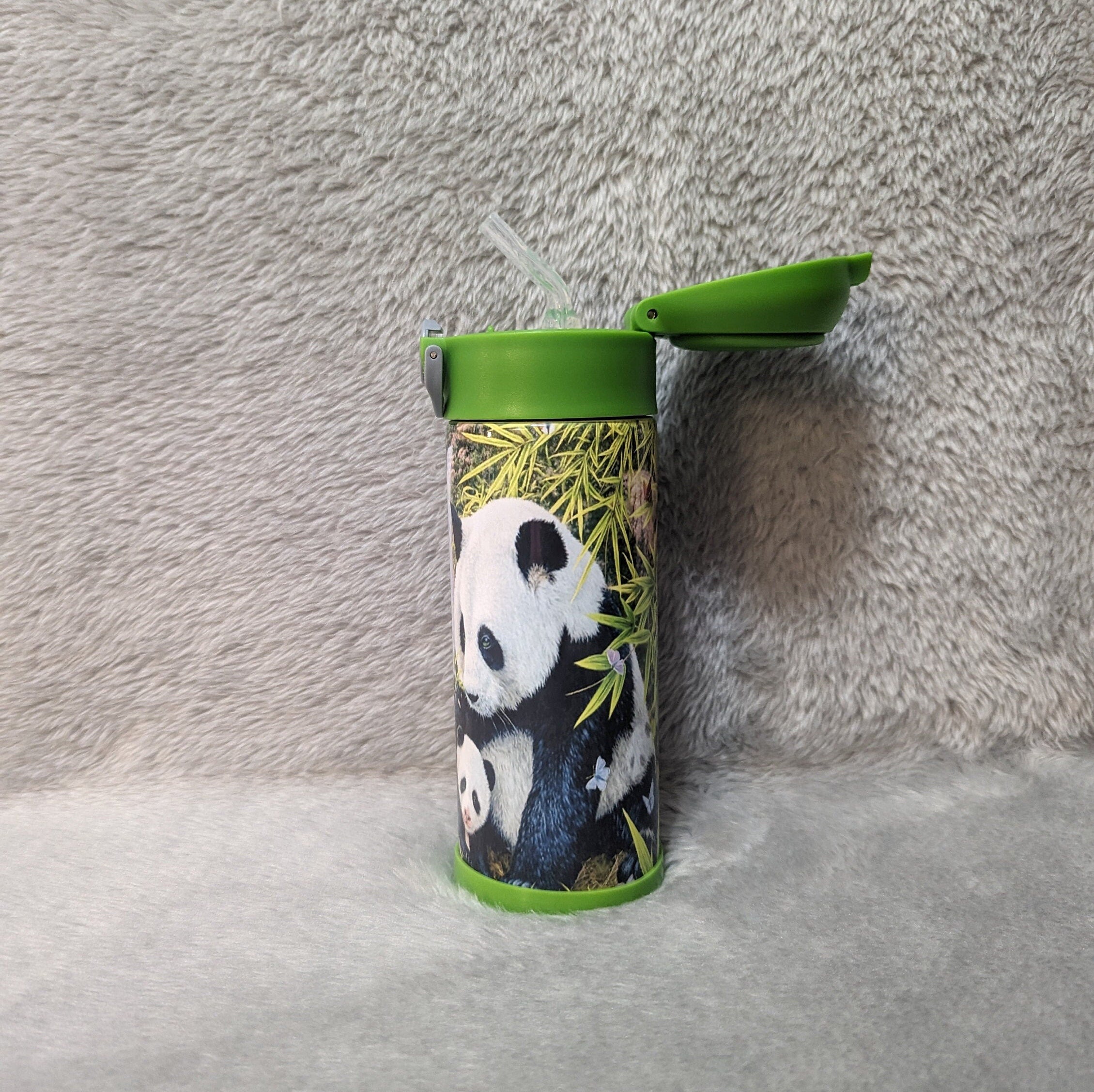 Kids Panda Bear Water Bottle 12oz With Reusable Straw Can Be Personalized