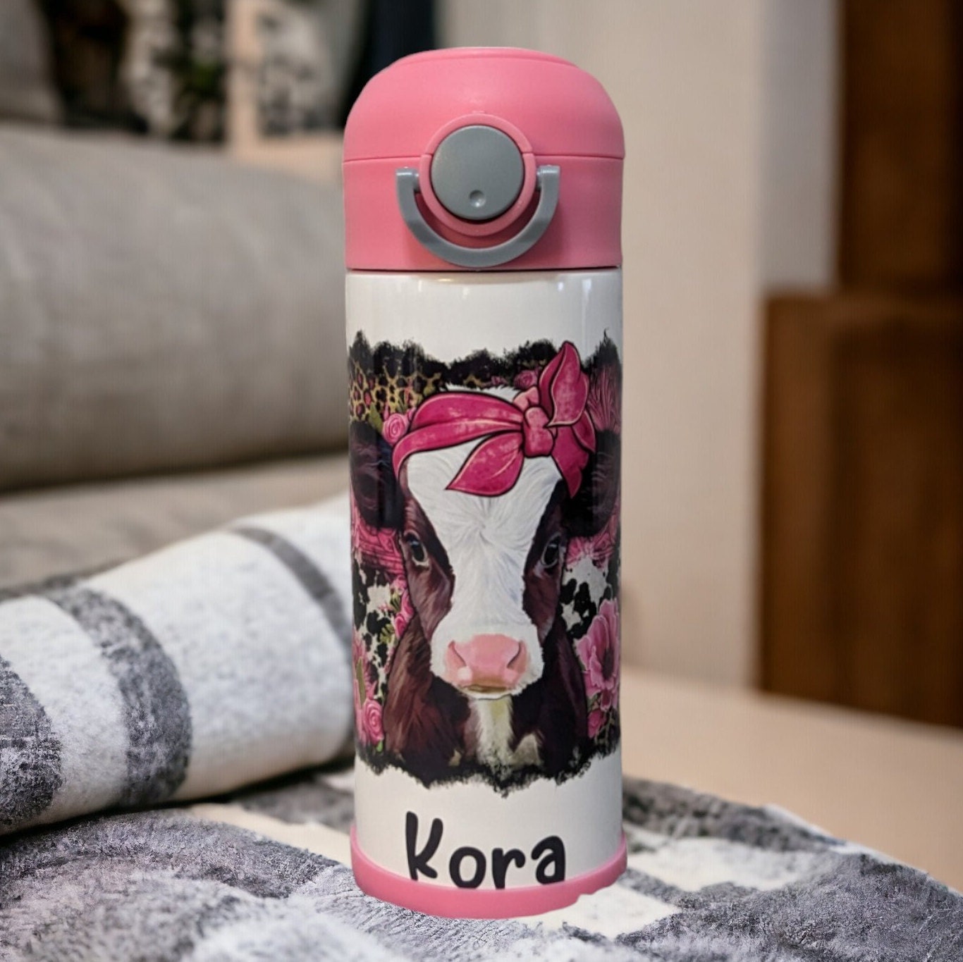 Kids Cow Water Bottle 12oz With Reusable Straw Can Be Personalized