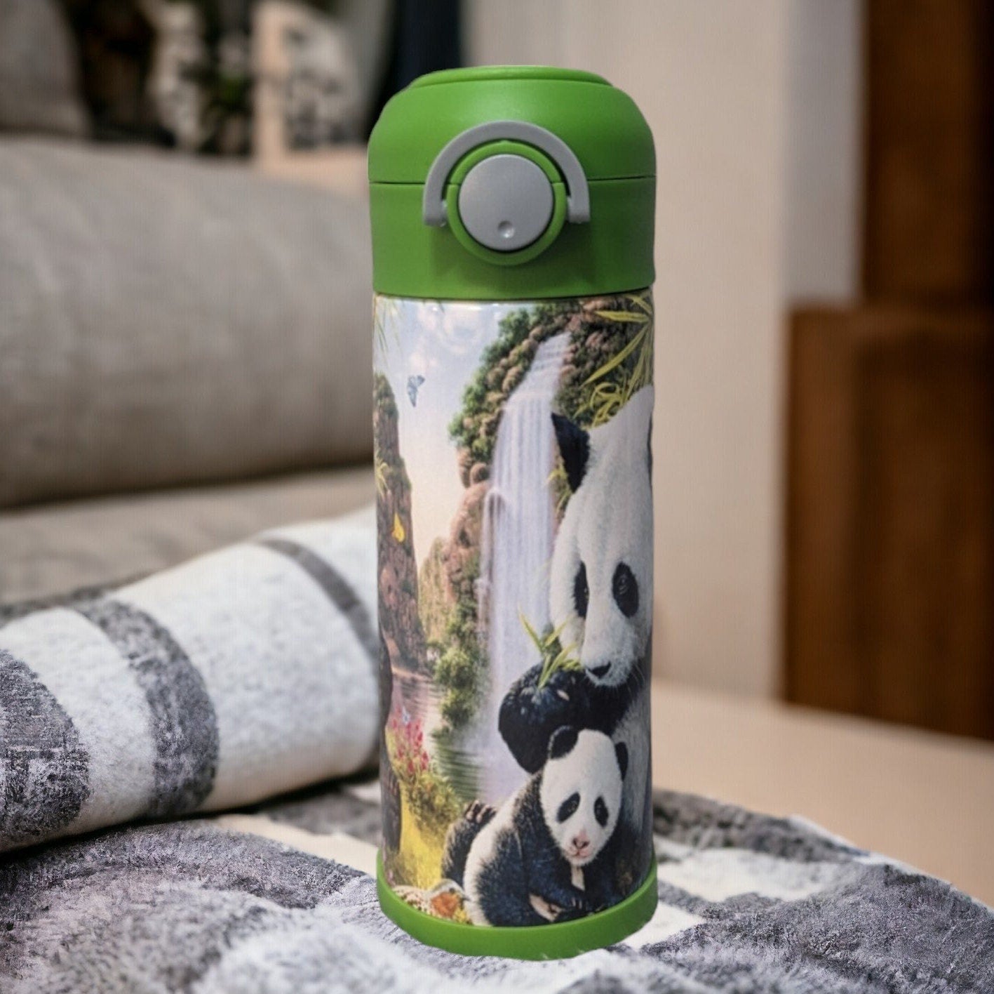 Kids Panda Bear Water Bottle 12oz With Reusable Straw Can Be Personalized