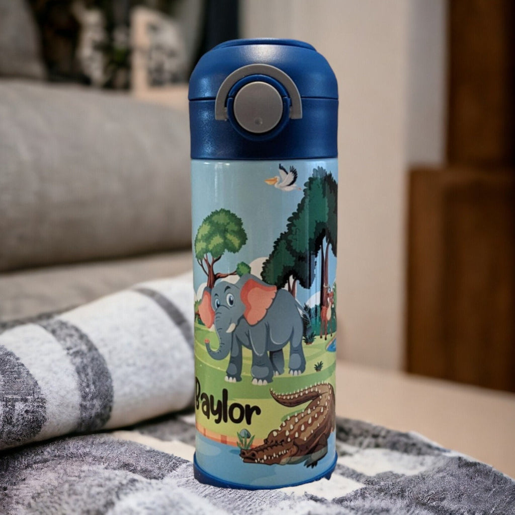 Kids Jungle Animal Water Bottle 12oz With Reusable Straw Can Be Personalized