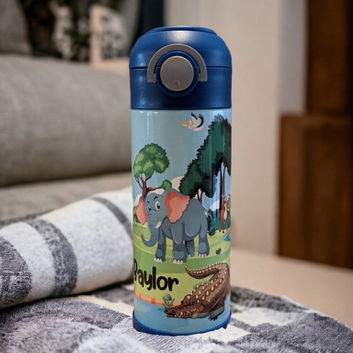 Kids Jungle Animal Water Bottle 12oz With Reusable Straw Can Be Personalized