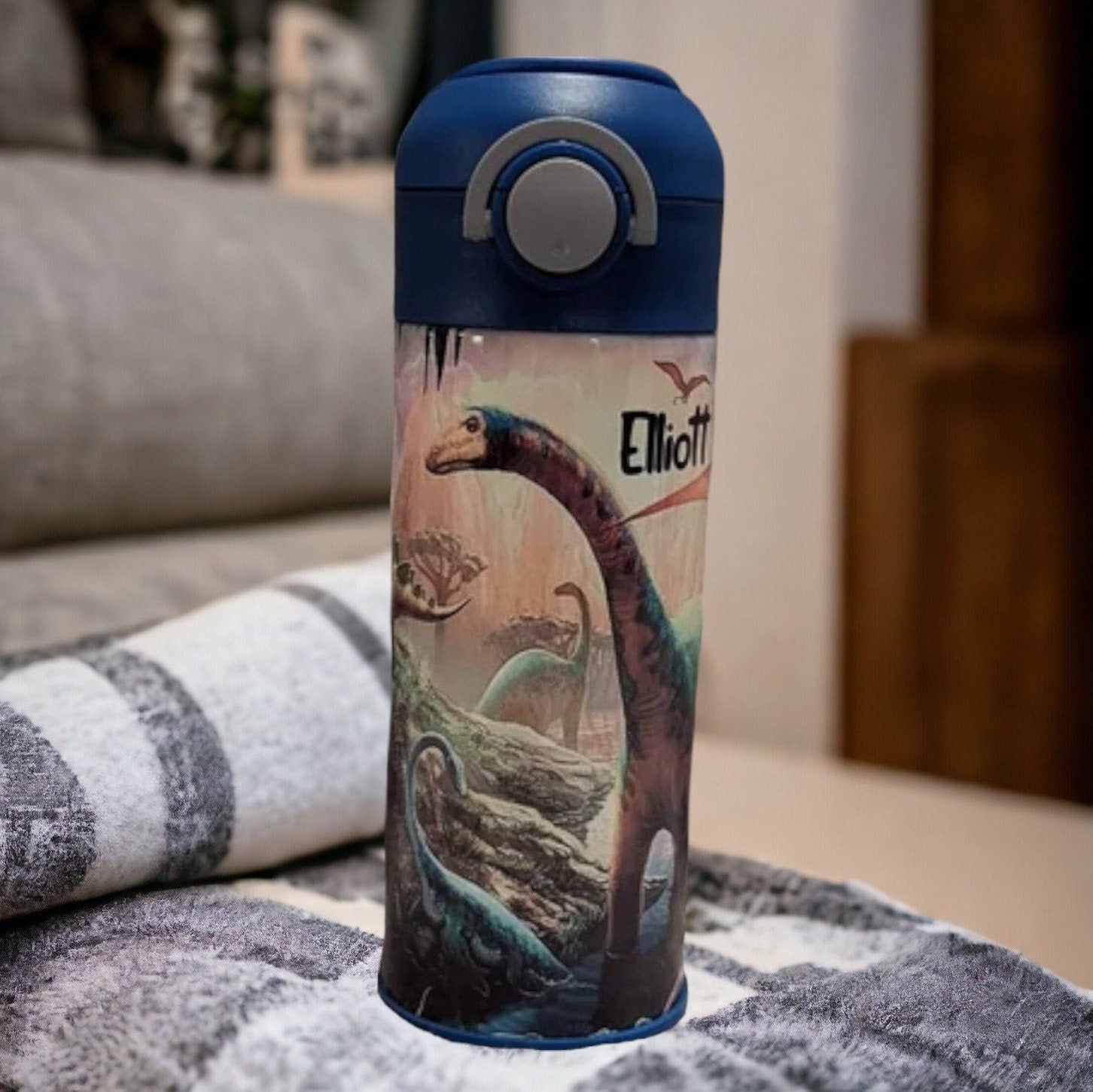 Kids Dinosaur Water Bottle 12oz With Reusable Straw Can Be Personalized