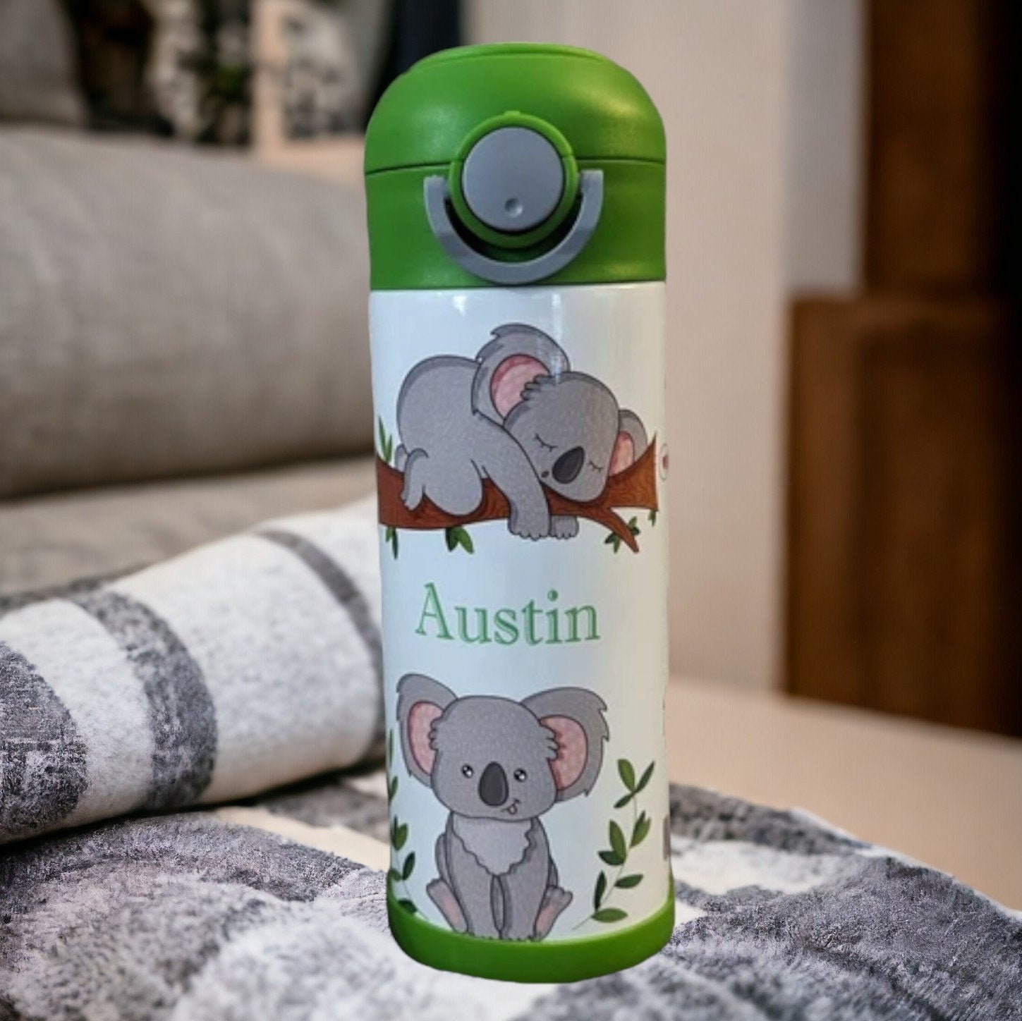 Kids Koala Bear Water Bottle 12oz With Reusable Straw Can Be Personalized
