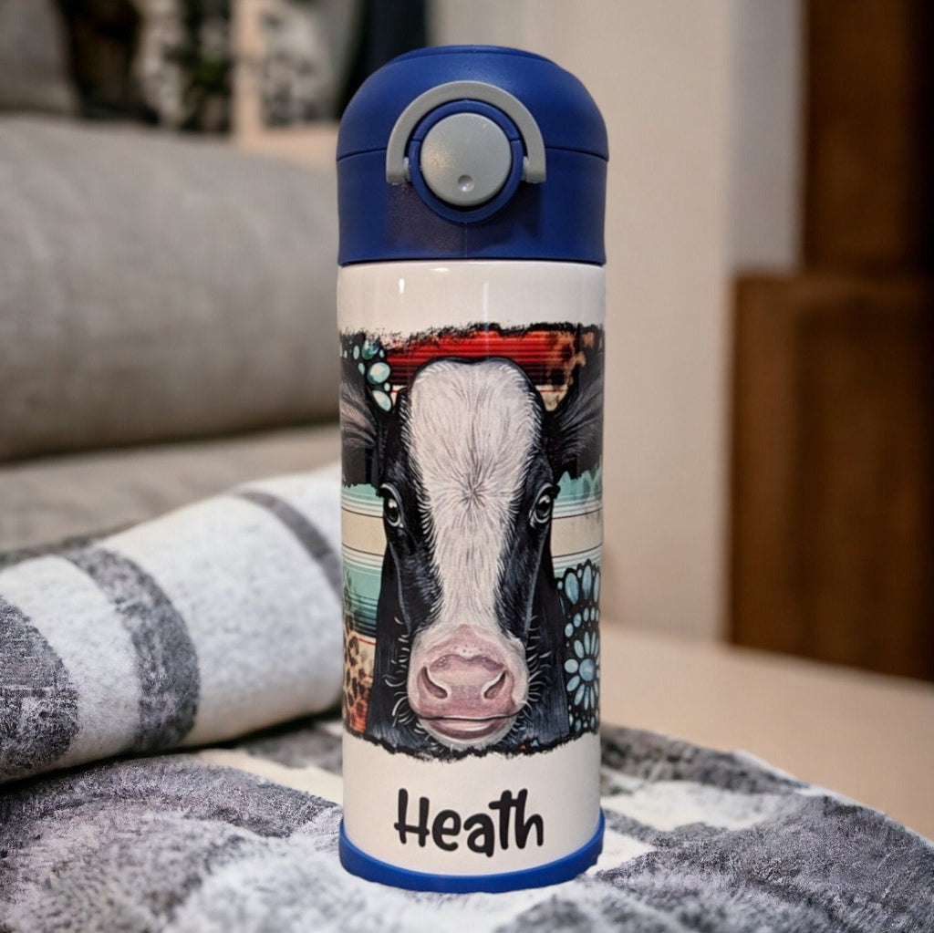 Kids Cow Water Bottle 12oz With Reusable Straw Can Be Personalized