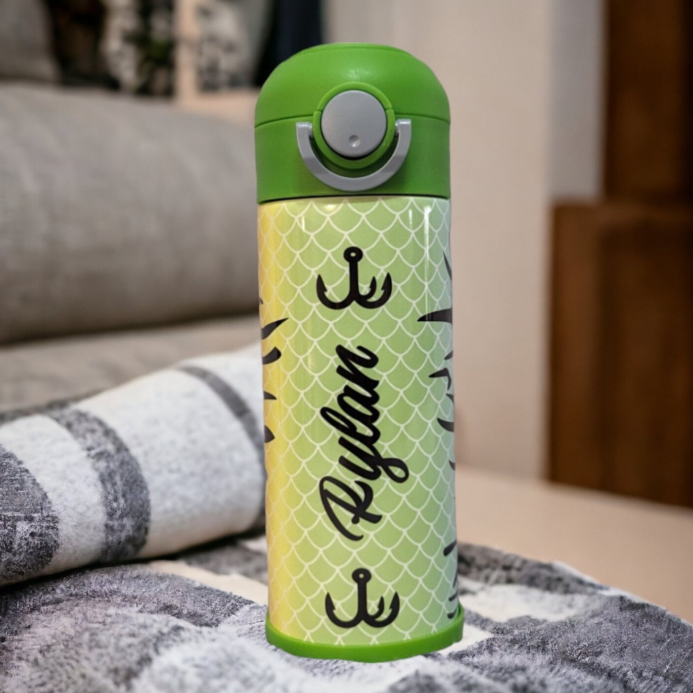 Kids Fishing Lure Water Bottle 12oz With Reusable Straw Can Be Personalized