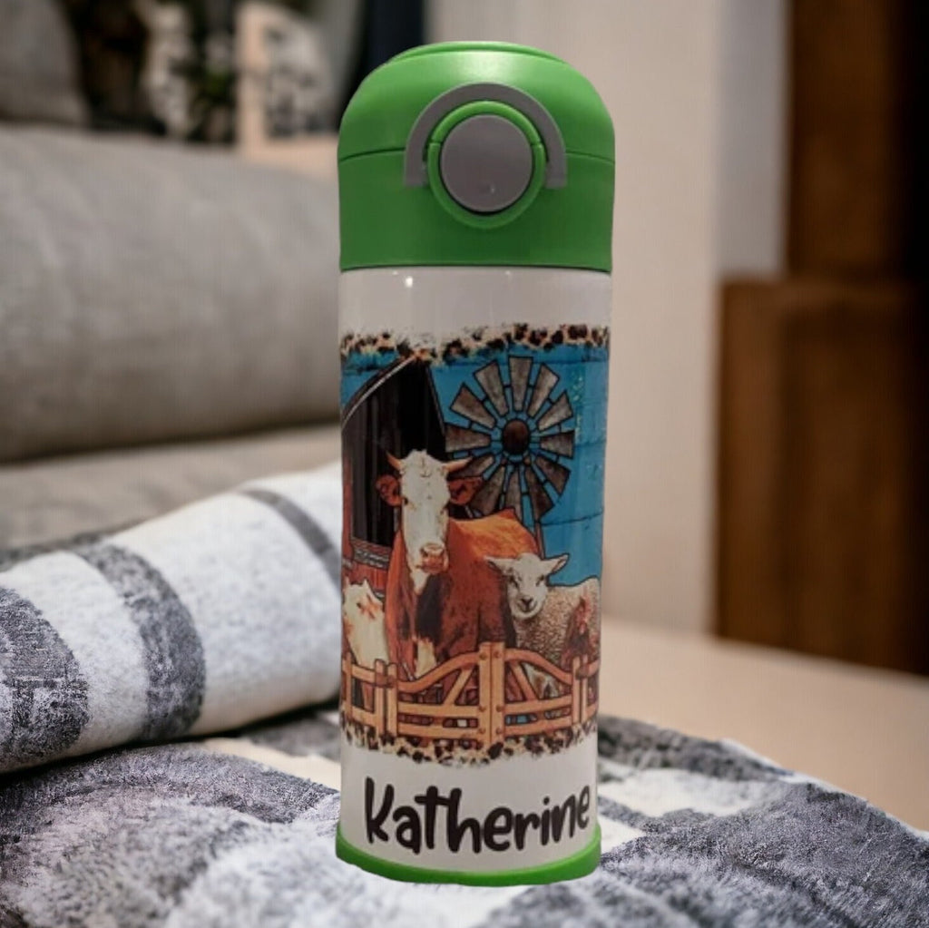 Kids Farm Animal Water Bottle 12oz With Reusable Straw Can Be Personalized