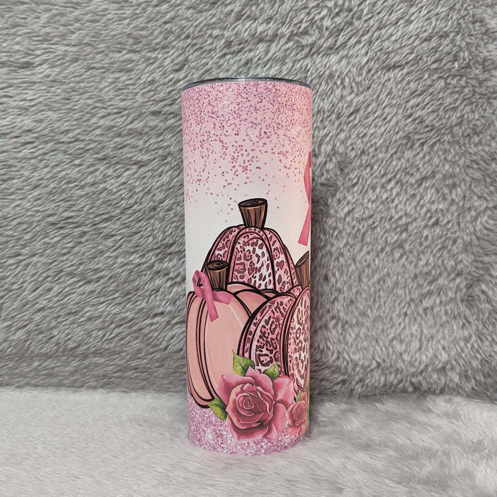 Pink Ribbon Cancer Awareness Pumpkin Tumbler, Pink Ribbon Cup, Pink Ribbon Tumbler, Pink Cancer Awareness Gift, 20oz Tumbler, Gift For Her