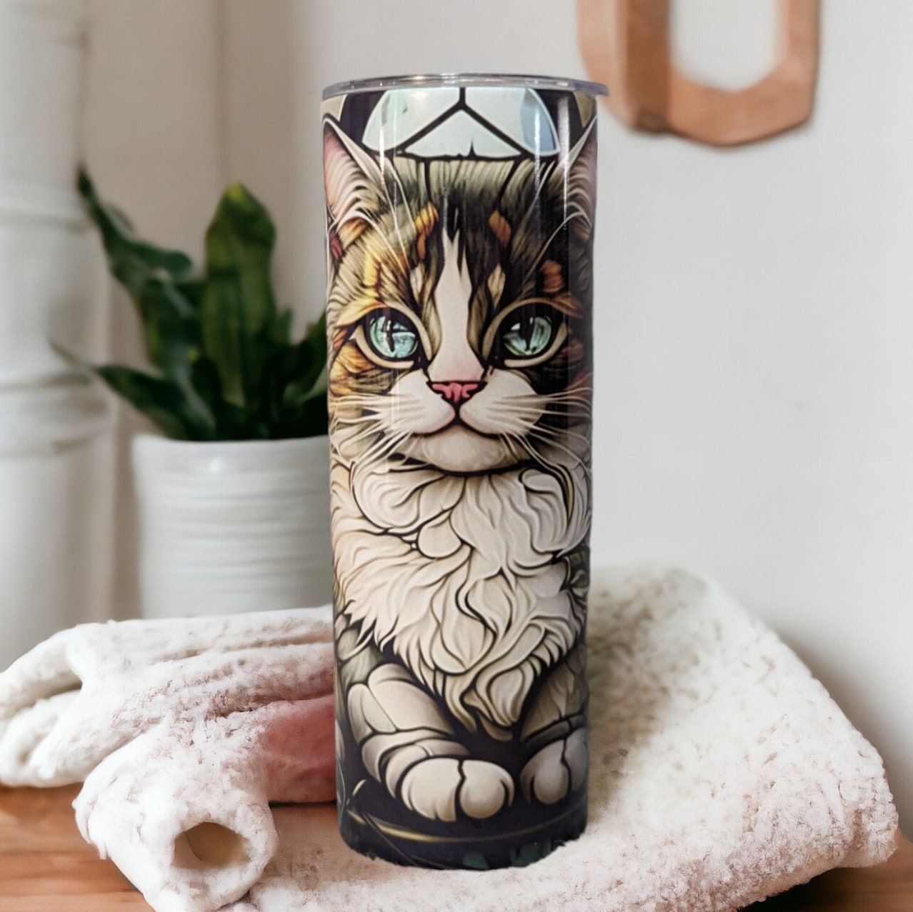 Cat/Kitten Tumbler with A Stained Glass Design 20oz With Reusable Straw, Can Be Personalized