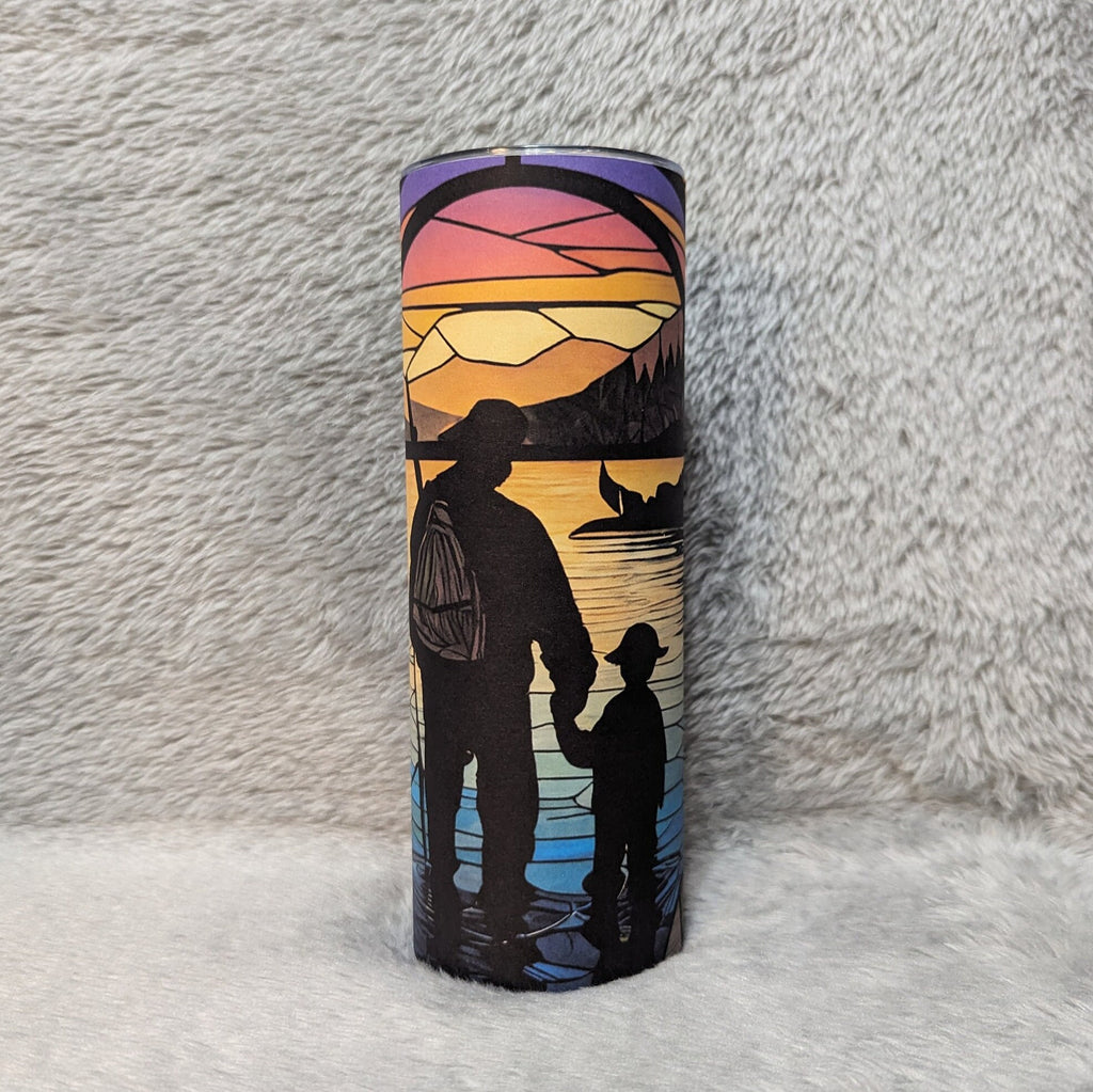 Father and Son Standing By The Lake Stained Glass Design Tumbler 20oz With Reusable Straw, Can Be Personalized