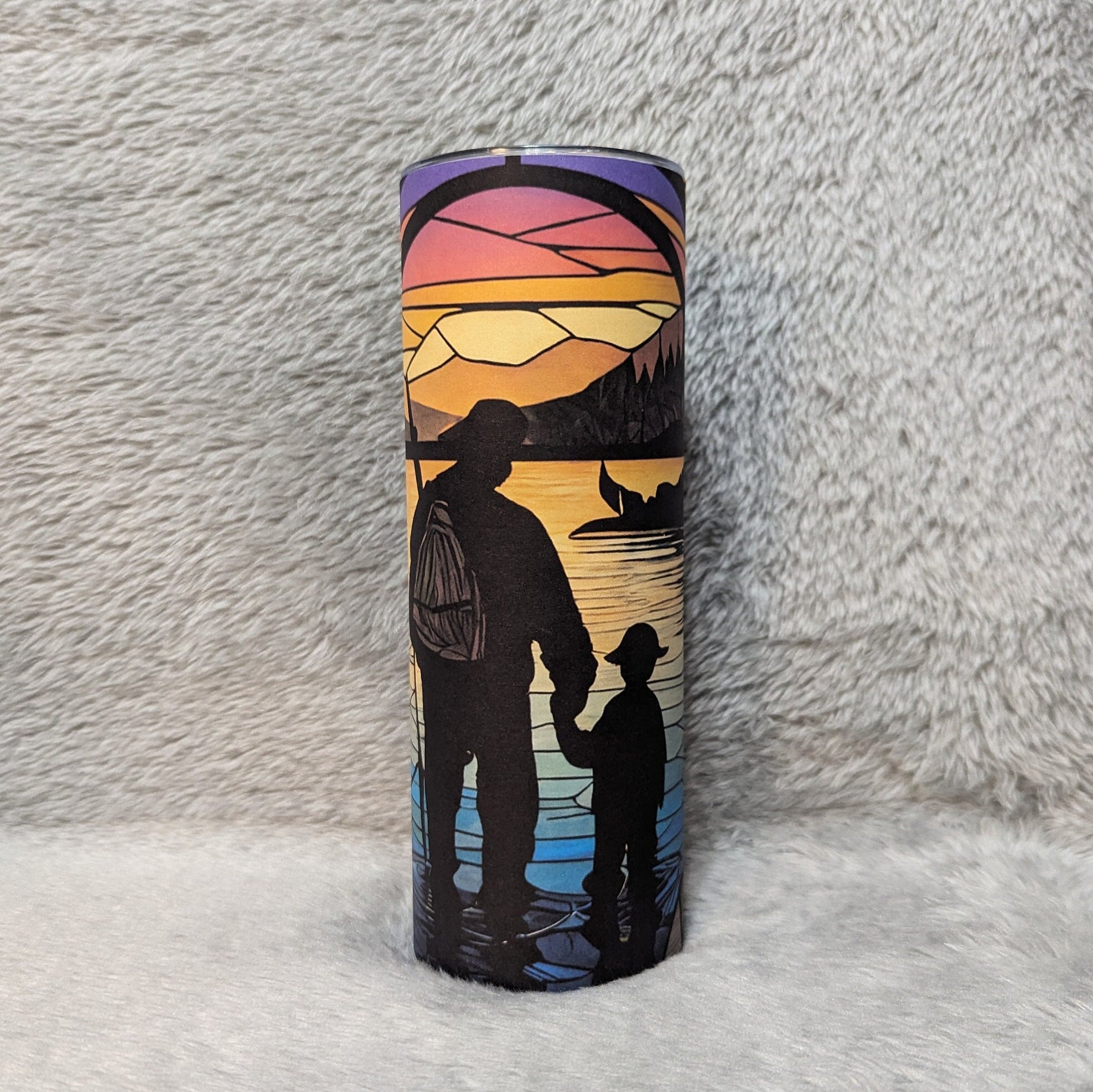 Father and Son Standing By The Lake Stained Glass Design Tumbler 20oz With Reusable Straw, Can Be Personalized