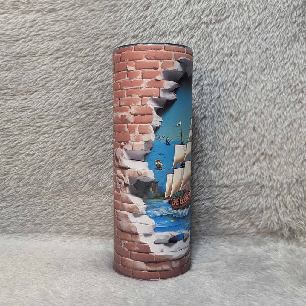 Sailboat Ship Hole In The Wall Design Tumbler, 3D Design Ship Tumbler, Includes A Plastic Reusable Straw, Hot Or Cold Drinks, Home Or Work