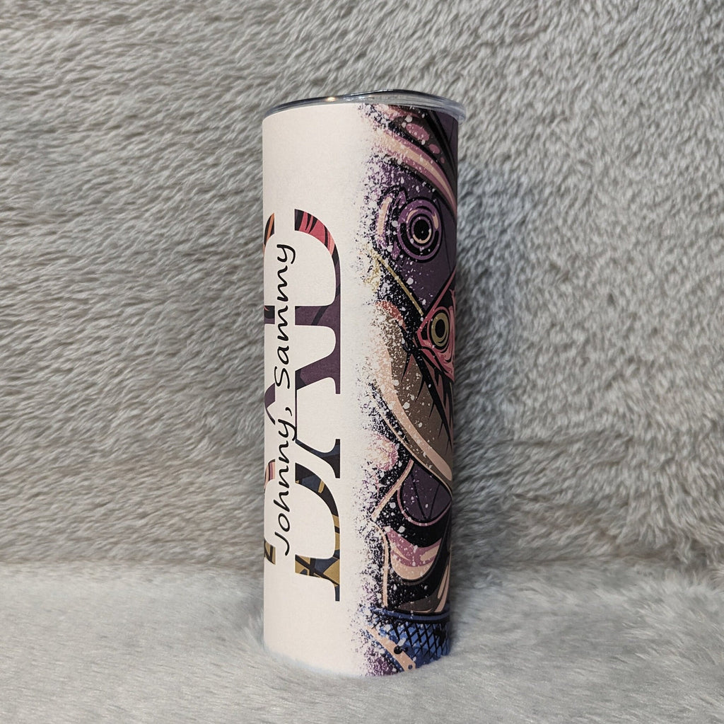 Dad Tumbler With Fishing Lures and Children's Names added In The Word Dad, 20oz Tumbler with straw, Gif For Dad, Hot Cold Drinkware