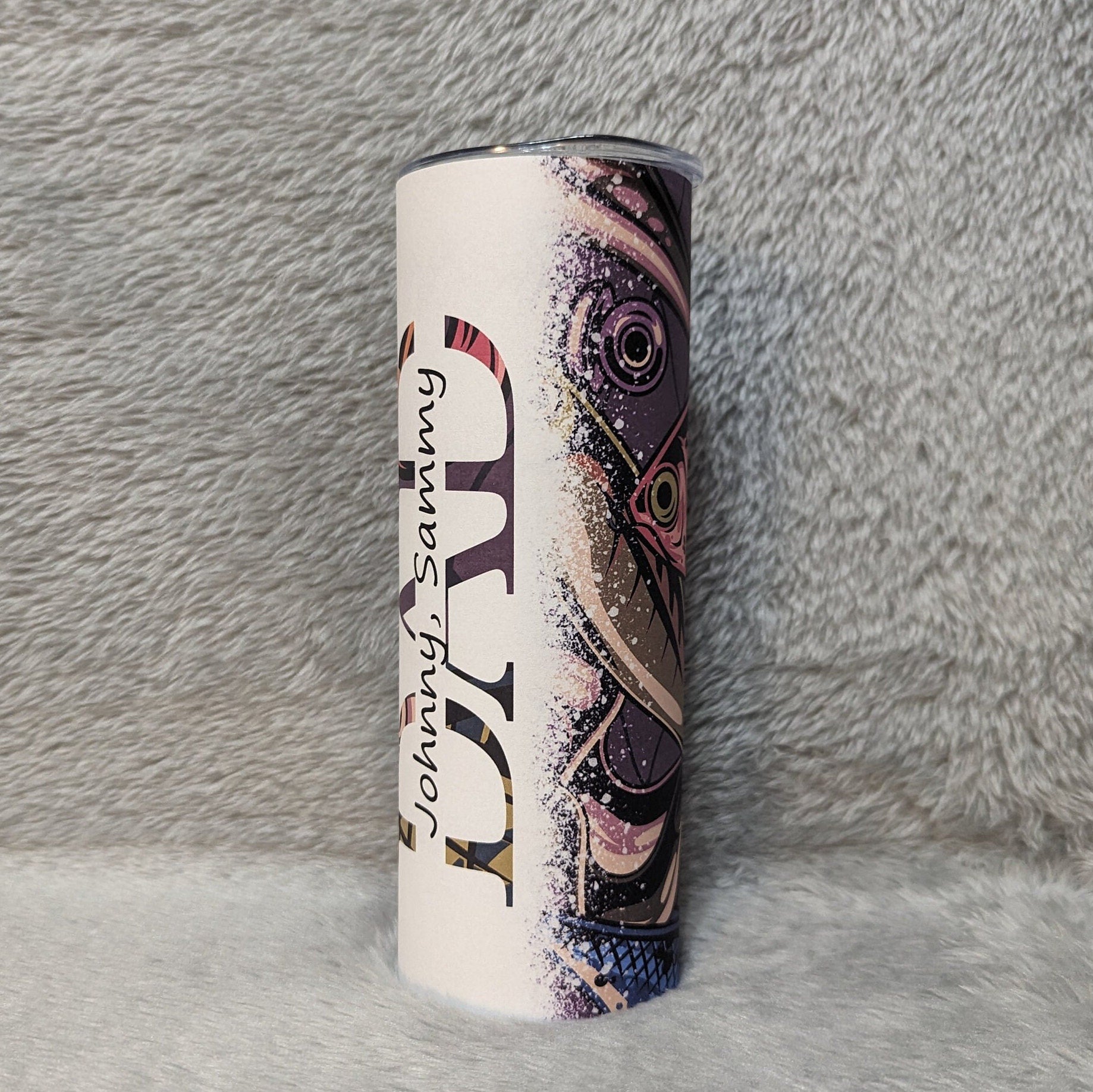 Dad Tumbler With Fishing Lures and Children's Names added In The Word Dad, 20oz Tumbler with straw, Gif For Dad, Hot Cold Drinkware