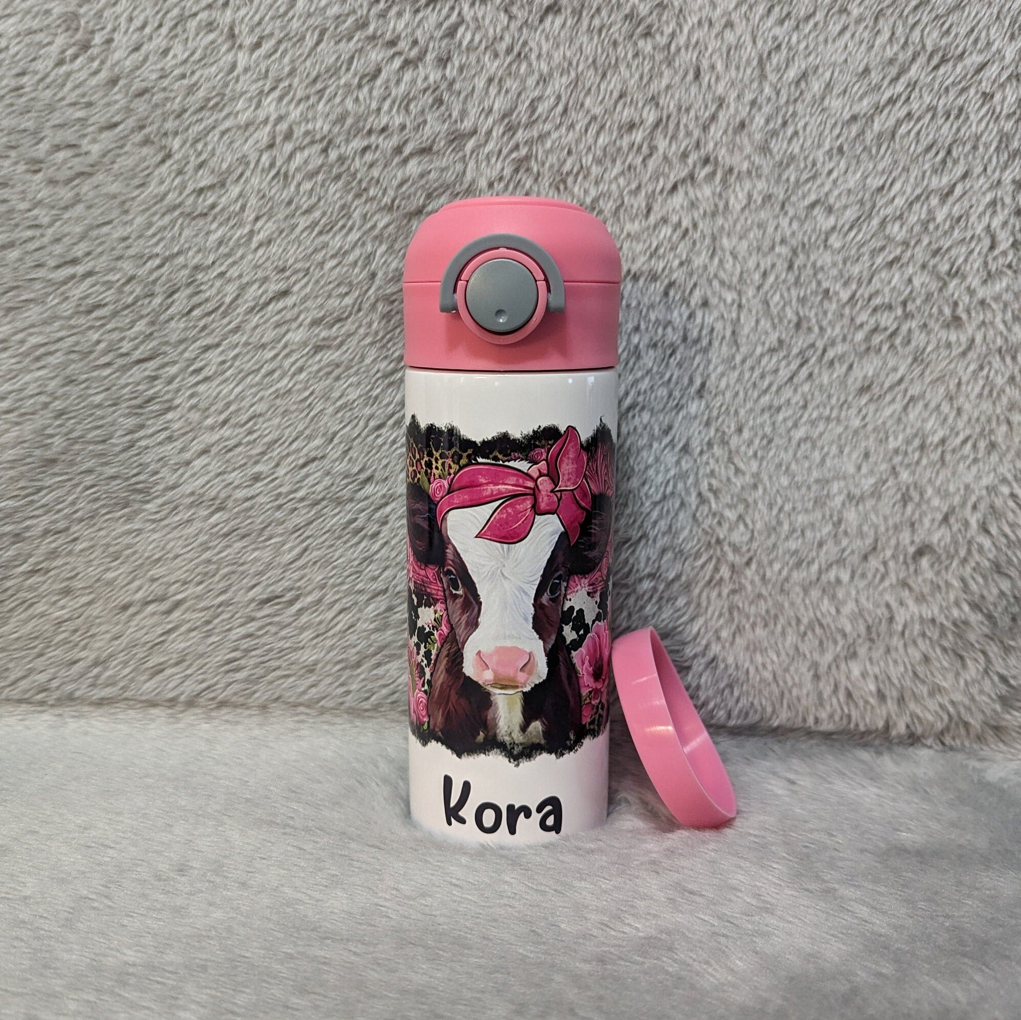 Kids Cow Water Bottle 12oz With Reusable Straw Can Be Personalized