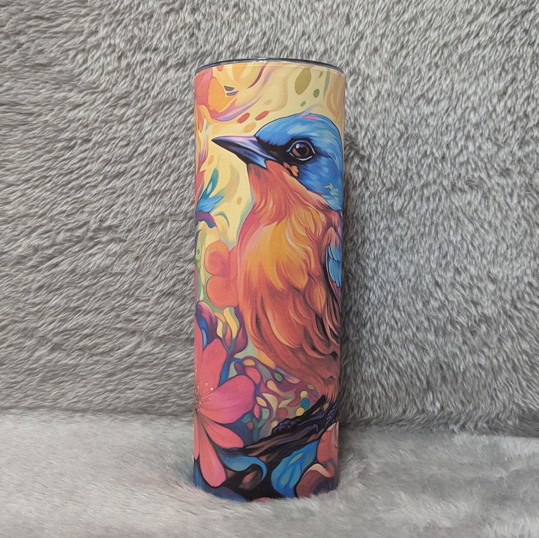 Floral Blue Bird Tumbler 20oz With Reusable Straw, Can Be Personalized