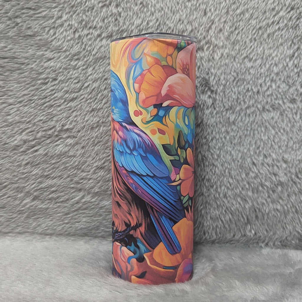Floral Blue Bird Tumbler 20oz With Reusable Straw, Can Be Personalized