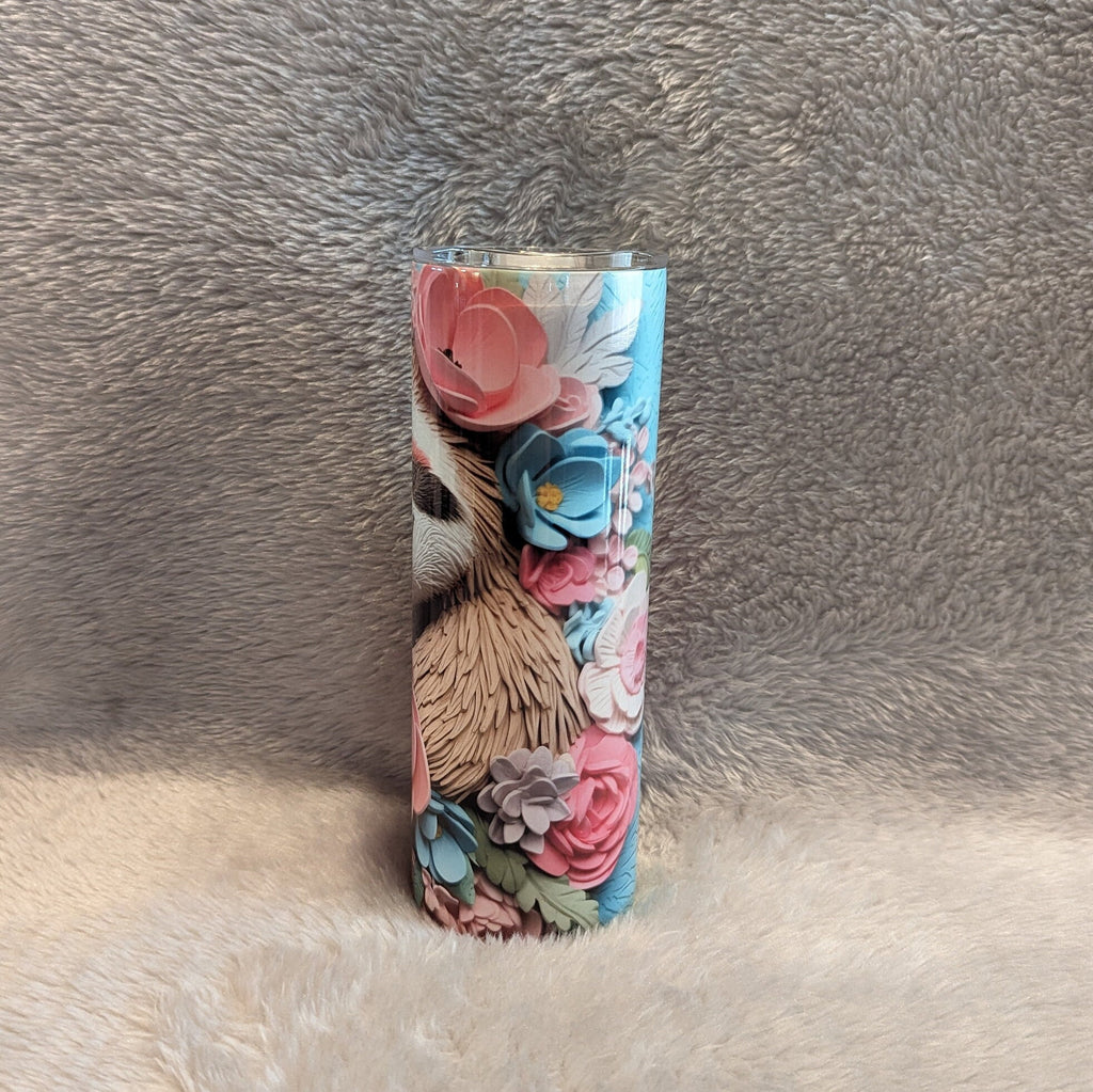 Adorable 3D Design Sloth Tumbler with Pastel Flowers 20oz With Reusable Straw, Can Be Personalized