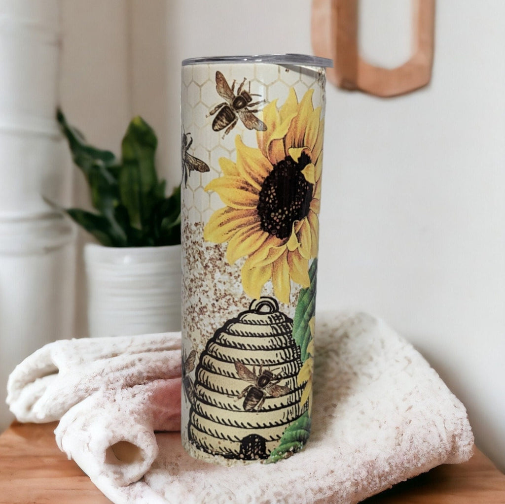 Honey Bee Sunflower Tumbler Can Be Personalized, Bee Cup With Name, Bee Tumbler, Honey Bee With Sunflowers Tumbler, Gift For Bee Keeper