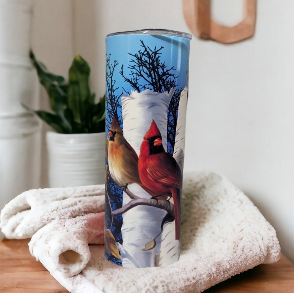 Cardinal Bird Tumbler Can Be Personalized, Cardinal Birds Sitting In A Tree, Winter Design With Cardinals, Gift For Bird Lover