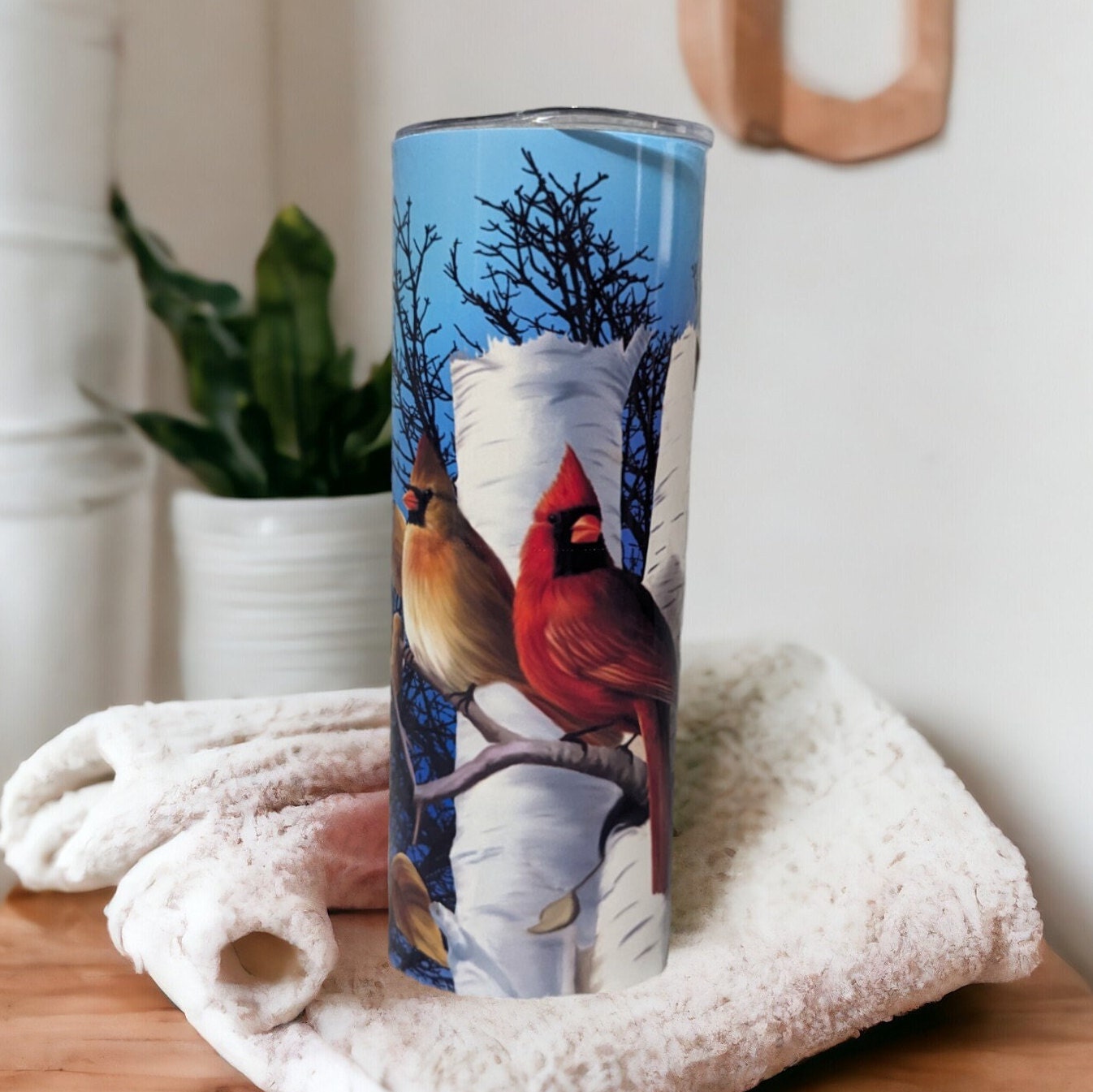 Cardinal Bird Tumbler Can Be Personalized, Cardinal Birds Sitting In A Tree, Winter Design With Cardinals, Gift For Bird Lover