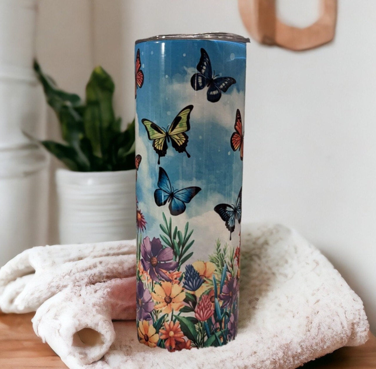 Butterfly Tumbler With Pretty Butterflies and Flowers Can Be Personalized, Butterfly Cup, Butterfly Gifts, Butterfly Stainless Steel Tumbler