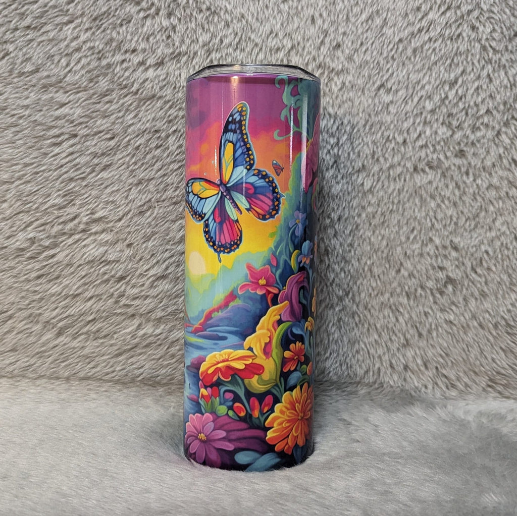 Neon Color Butterfly Tumbler, Can Be Personalized, Unique Gift Idea for Nature Lovers, Butterfly and Flowers Tumbler